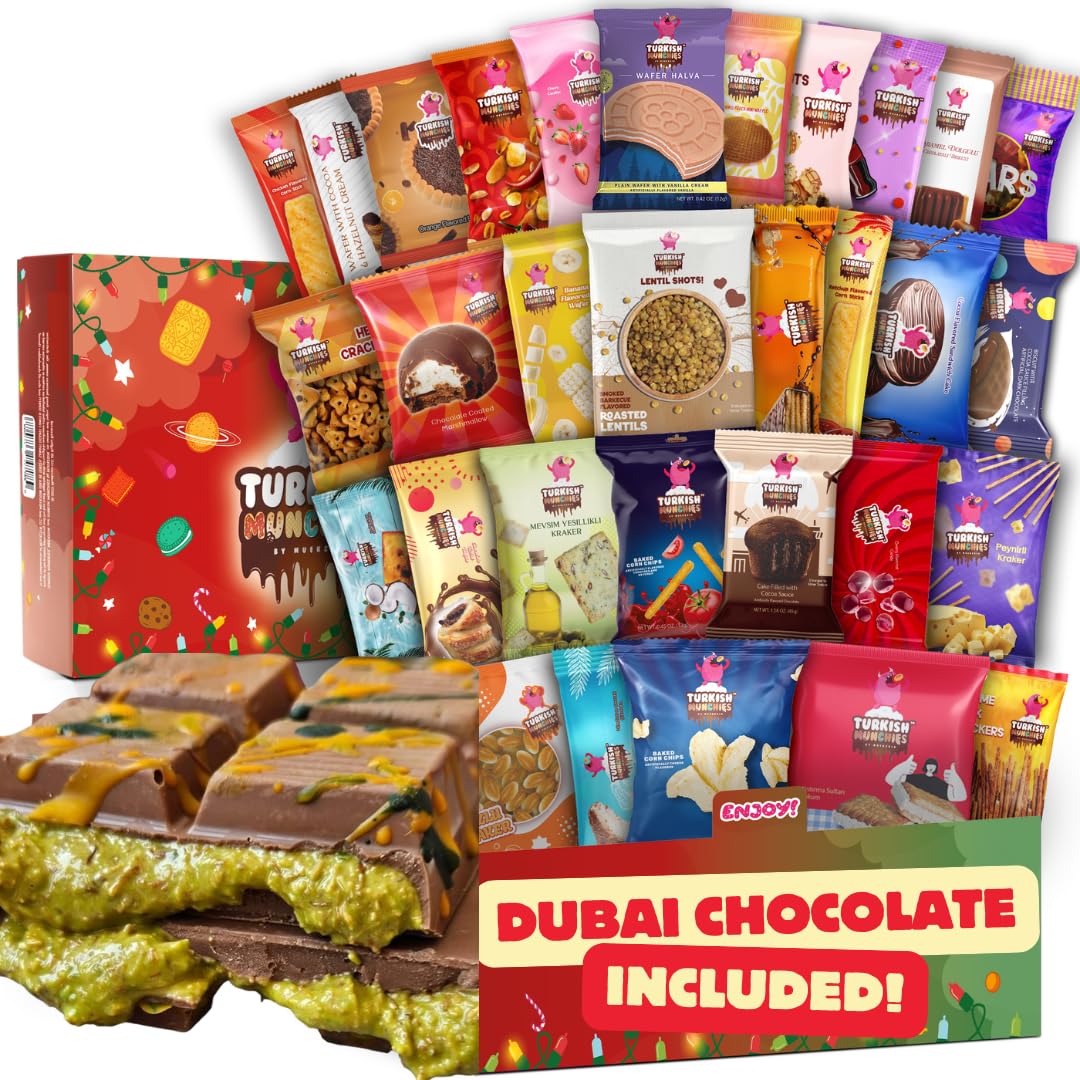 Dubai Chocolate Bar with Mega International Snack Box | Premium Exotic Foreign Snacks Unique Food Gifts Included Try Extraordinary Turkish Candies from Around the World 32 Full-Size
