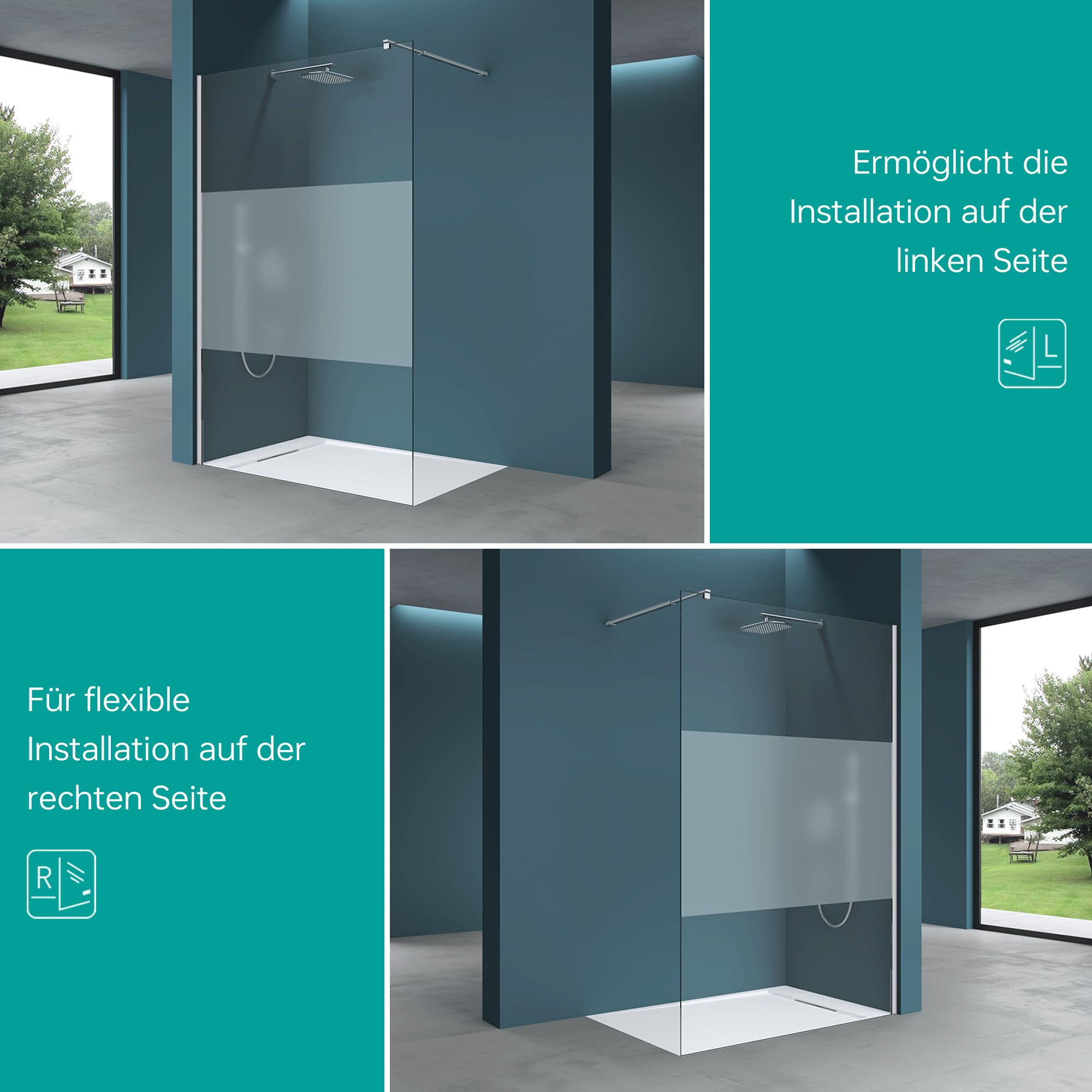 Mai & Mai Duschwand für Dusche Duschabtrennung 100x200cm Walk-In Dusche | Duschtrennwand 8mm ESG-Sicherheitsglas NANO Milchglas BRAM3 Bremen01MS
