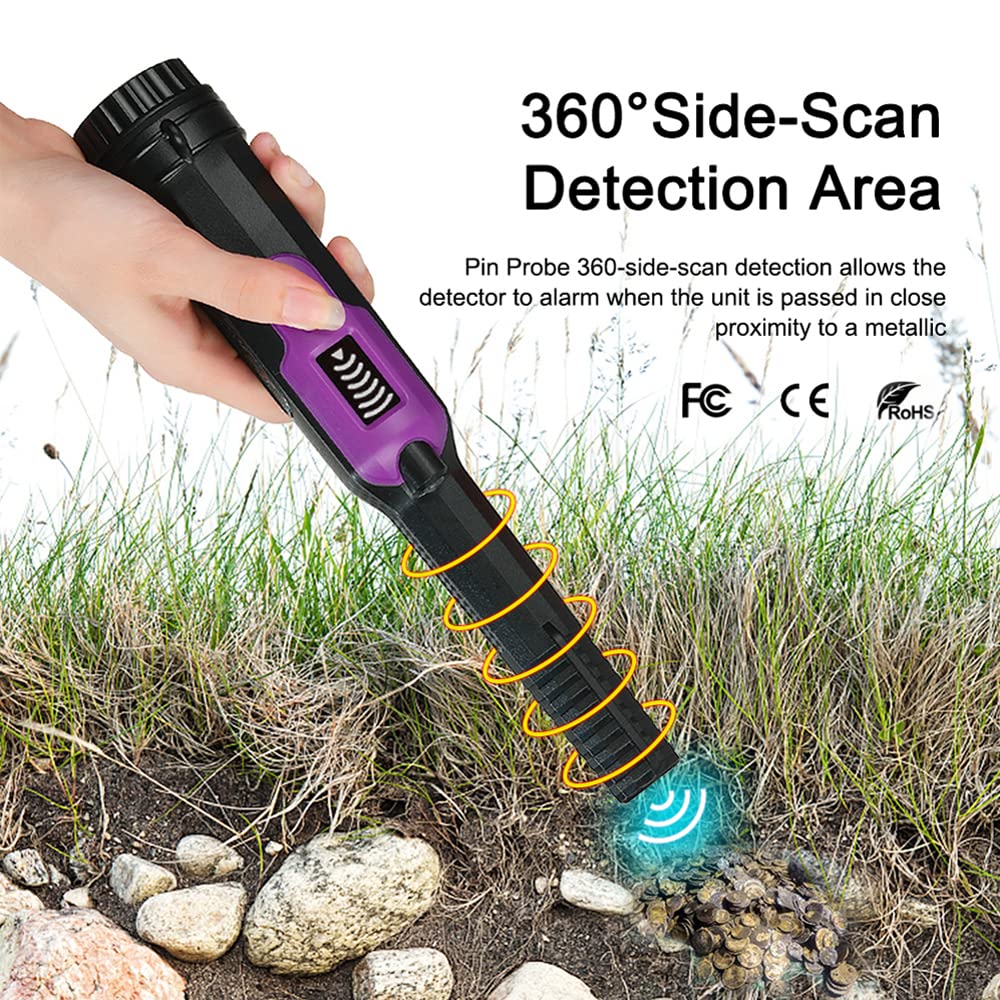 Detector de Metales portátil con clasificación de impermeabilidad IP68 hasta 30 Metros - Sonda de Pin de escaneo Lateral de 360 ​​Grados con Pantalla de señal LCD - Modos de (Negro y Morado)
