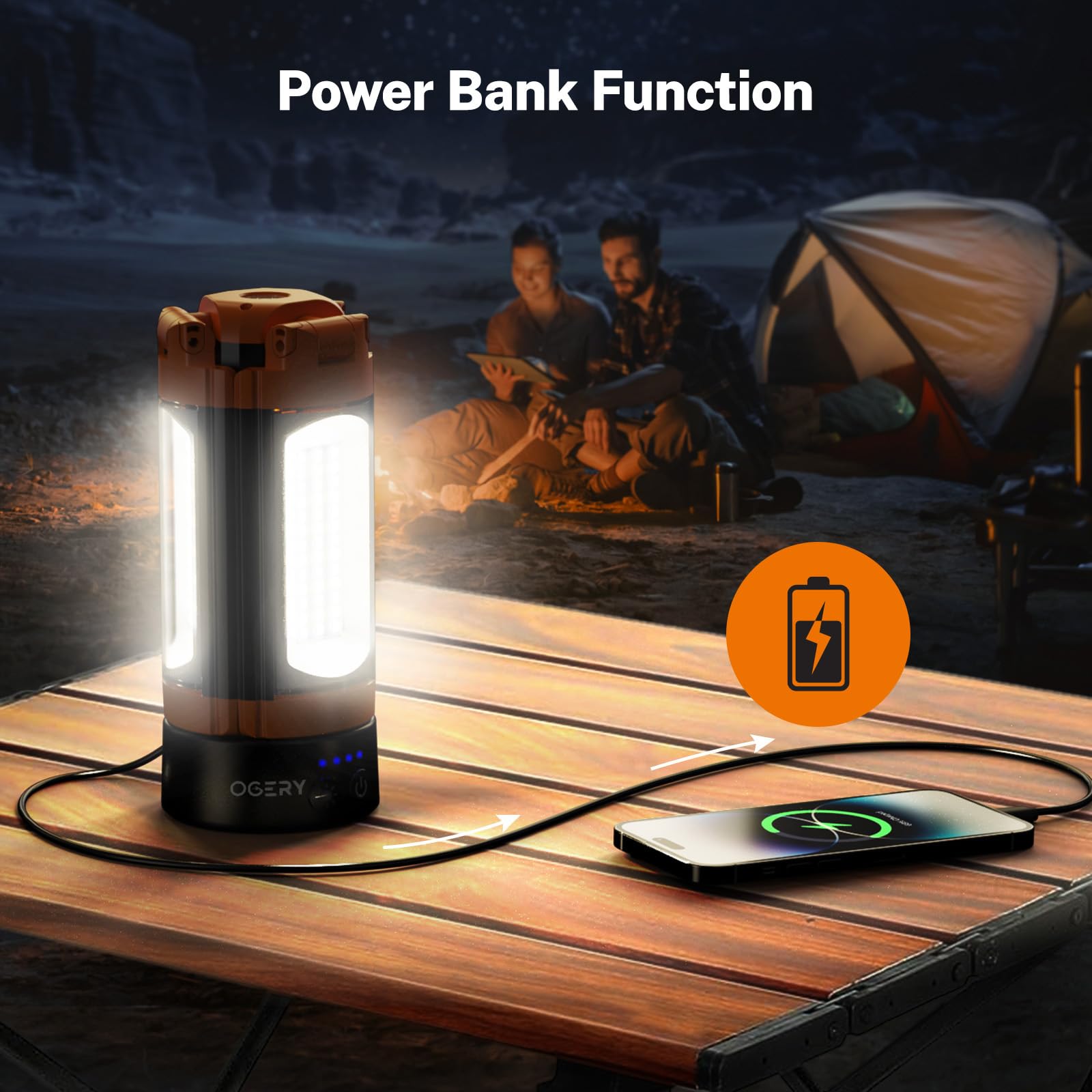 OGERY Lampe de camping rechargeable de 10 000 mAh avec support de 2 m de hauteur maximale, lampe de travail sans fil avec 3 têtes de lampe LED, 2200 lumens, lampe de poche d'urgence magnétique à