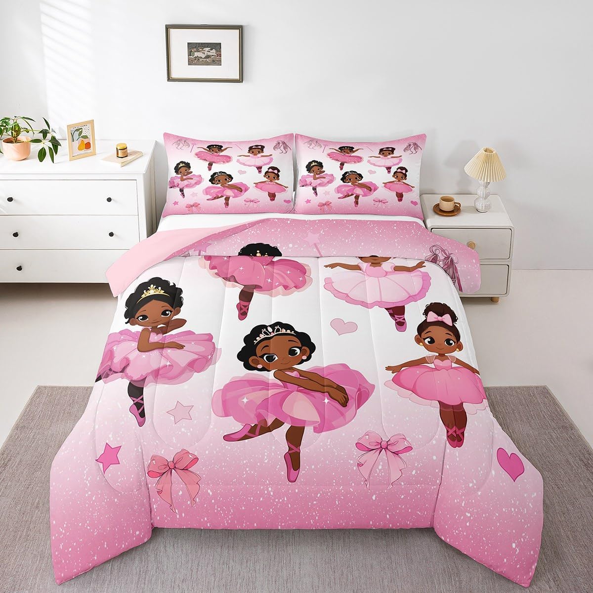 Erosebridal Ballet Girls Toddler Bedding Set,Black Princess Comforter Set for Kids Boys Girls,African American Duvet Set for All Season,Kawaii Bow Love Heart Quilt Set