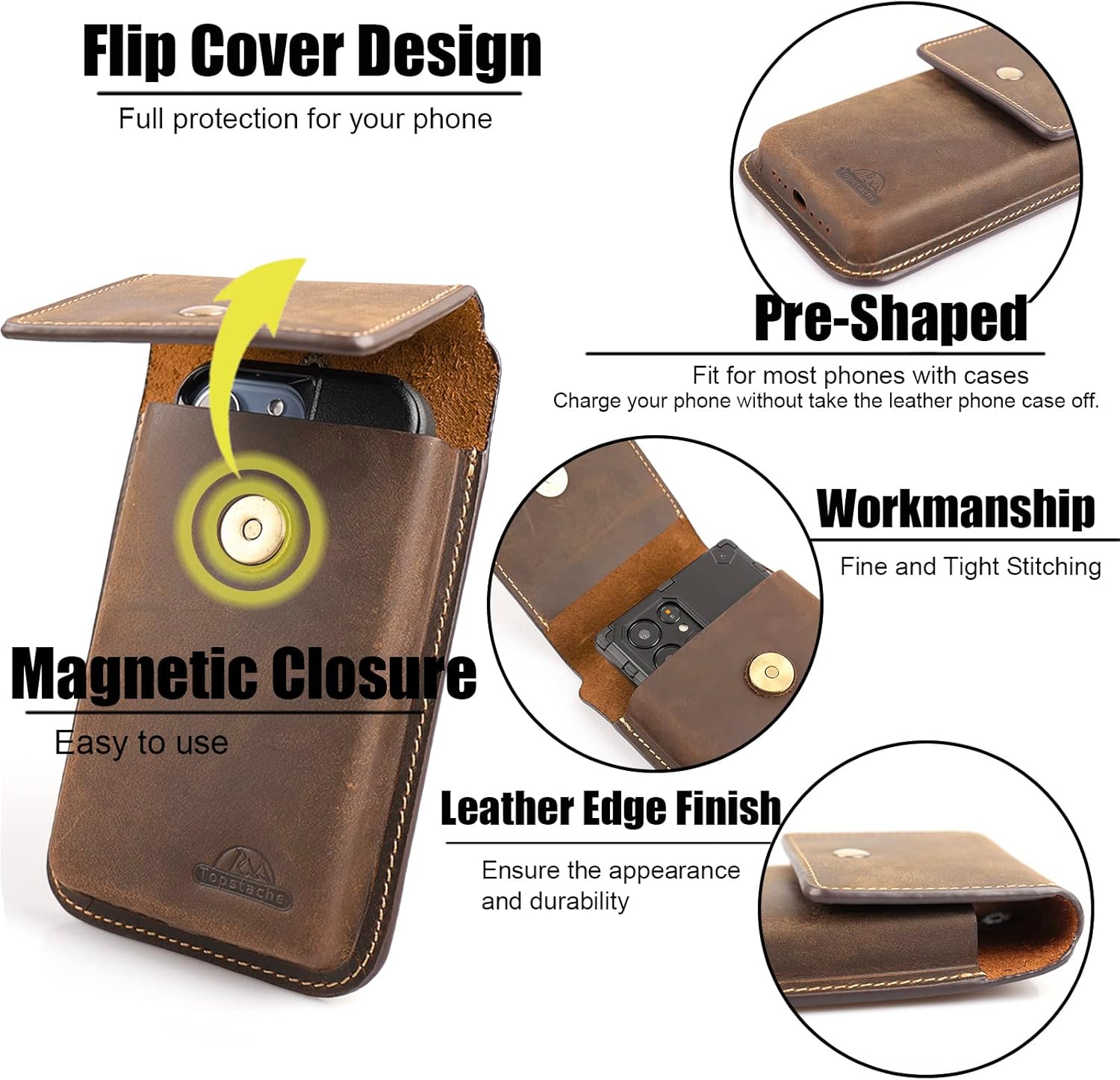 Topstache Leather Cell Phone Holster for Galaxy S25/S24/S23/S22 - Belt Clip Cell Phone Case for iPhone 17/16/15/14/13 - Magnetic Closure Leather Belt Holster Pouch for Men, L,Darkbrown - Image 3