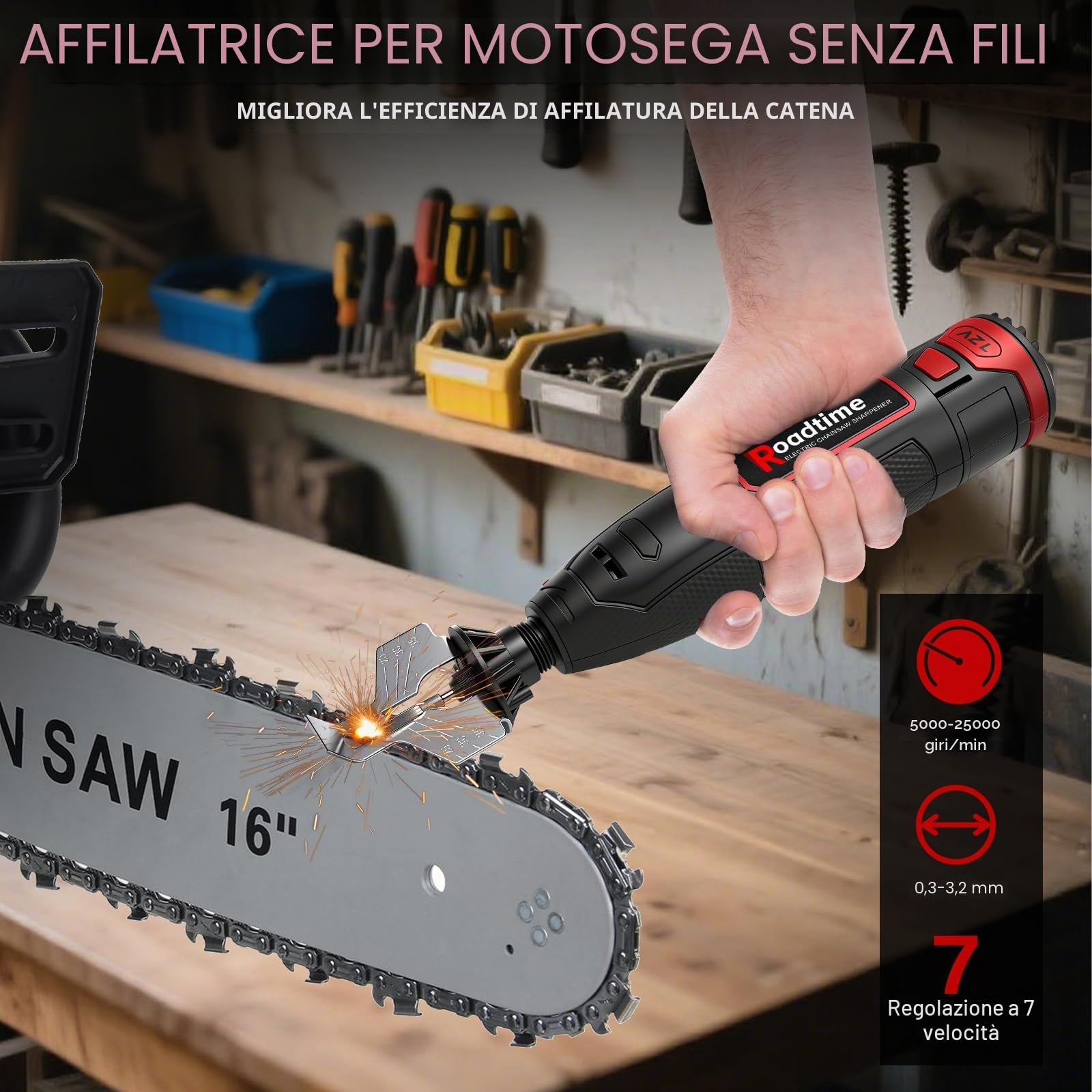 Set di affilatura elettrica per motosega con batteria da 1300 mAh, 9 testine abrasive | Affilatrice senza fili per motosega, con testa in lega e guida angolare, affilatrice portatile USB per motosega