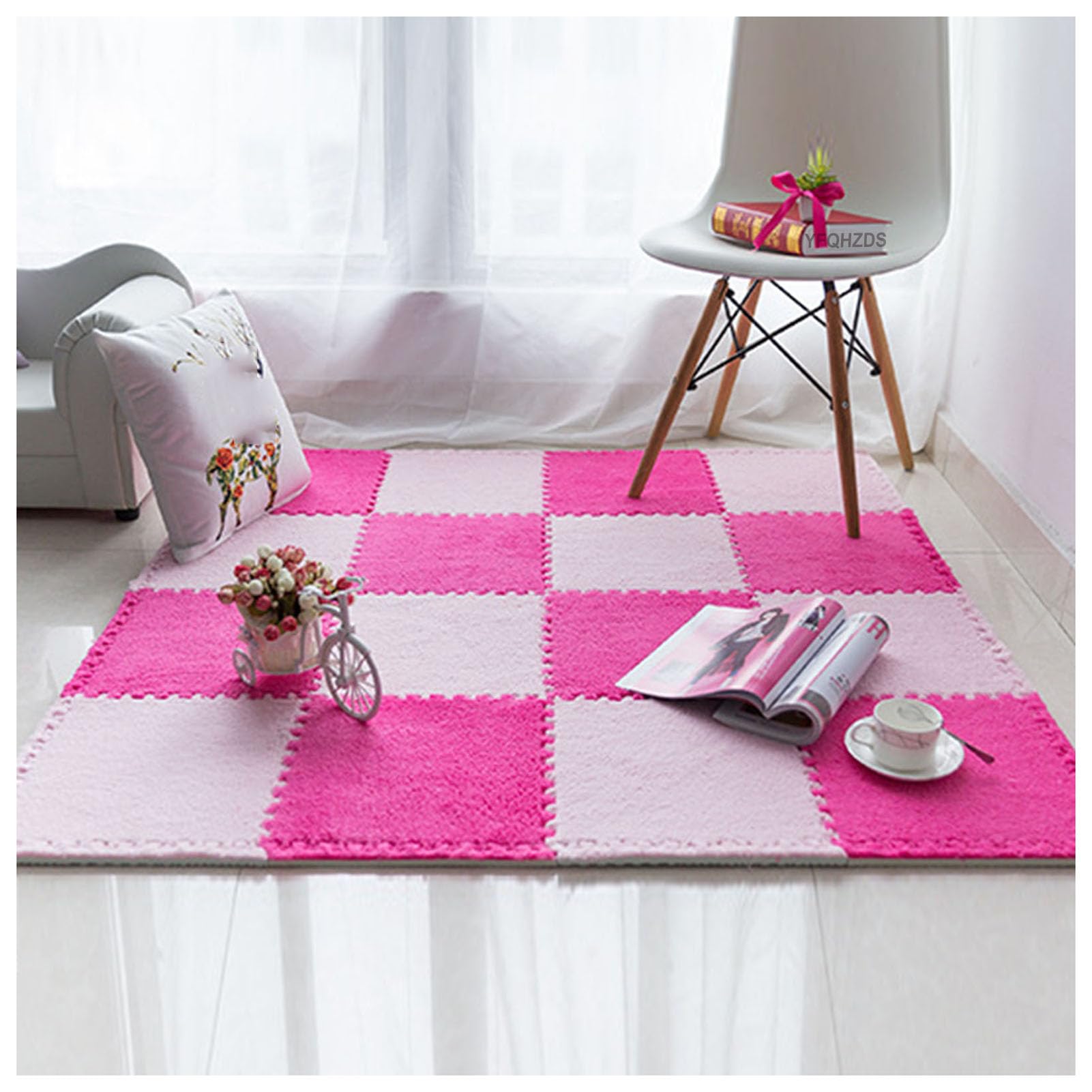 Quadratische Puzzle-Bodenmatte aus ineinandergreifendem Schaumstoff, 30,5 x, cm, Mehrfarbig, 10 Stück Teppichschaumquadrate(Pink+Rose Red)