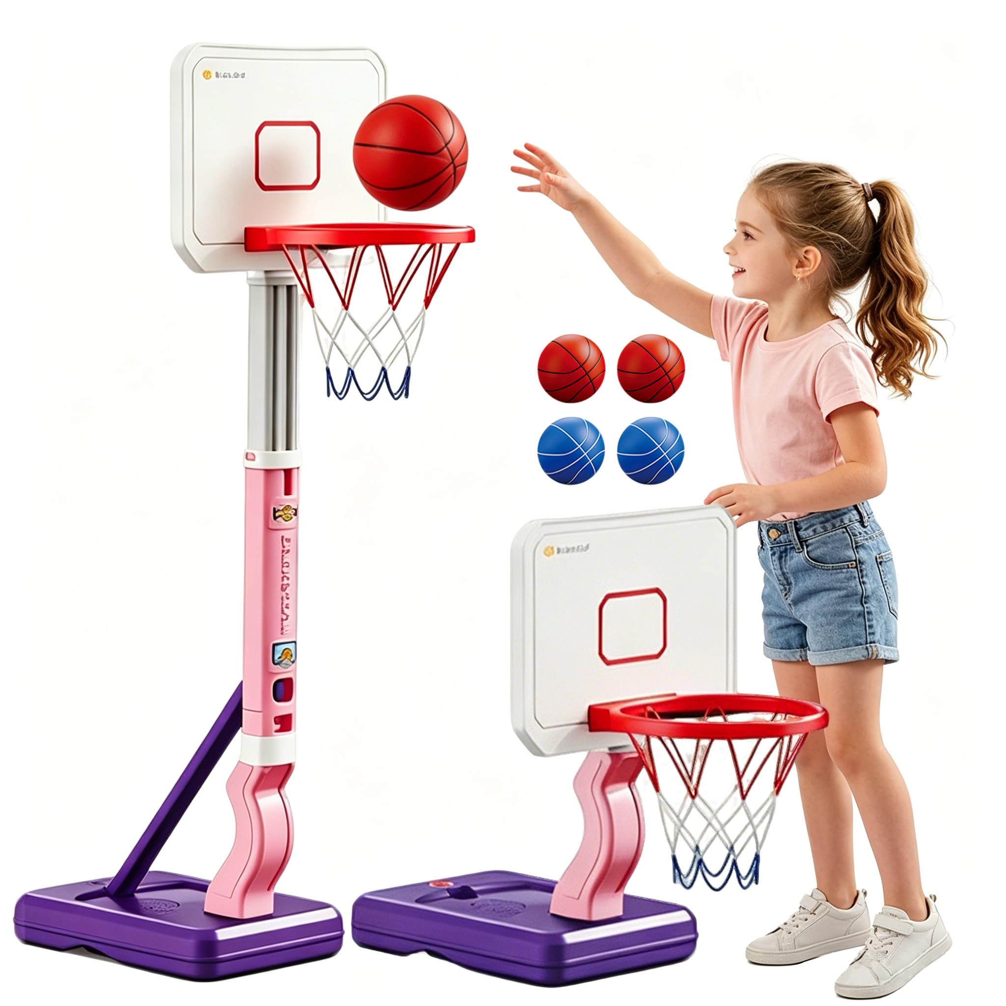 Basketball Hoop for Kids, Toddler Basketball Hoop with Stand and 4 Basketballs,Indoor Outdoor Backyard Sport Game Gifts for 3 4 5 6 7 8,Outdoor Indoor Game Birthday Gift for Toddler(pink)