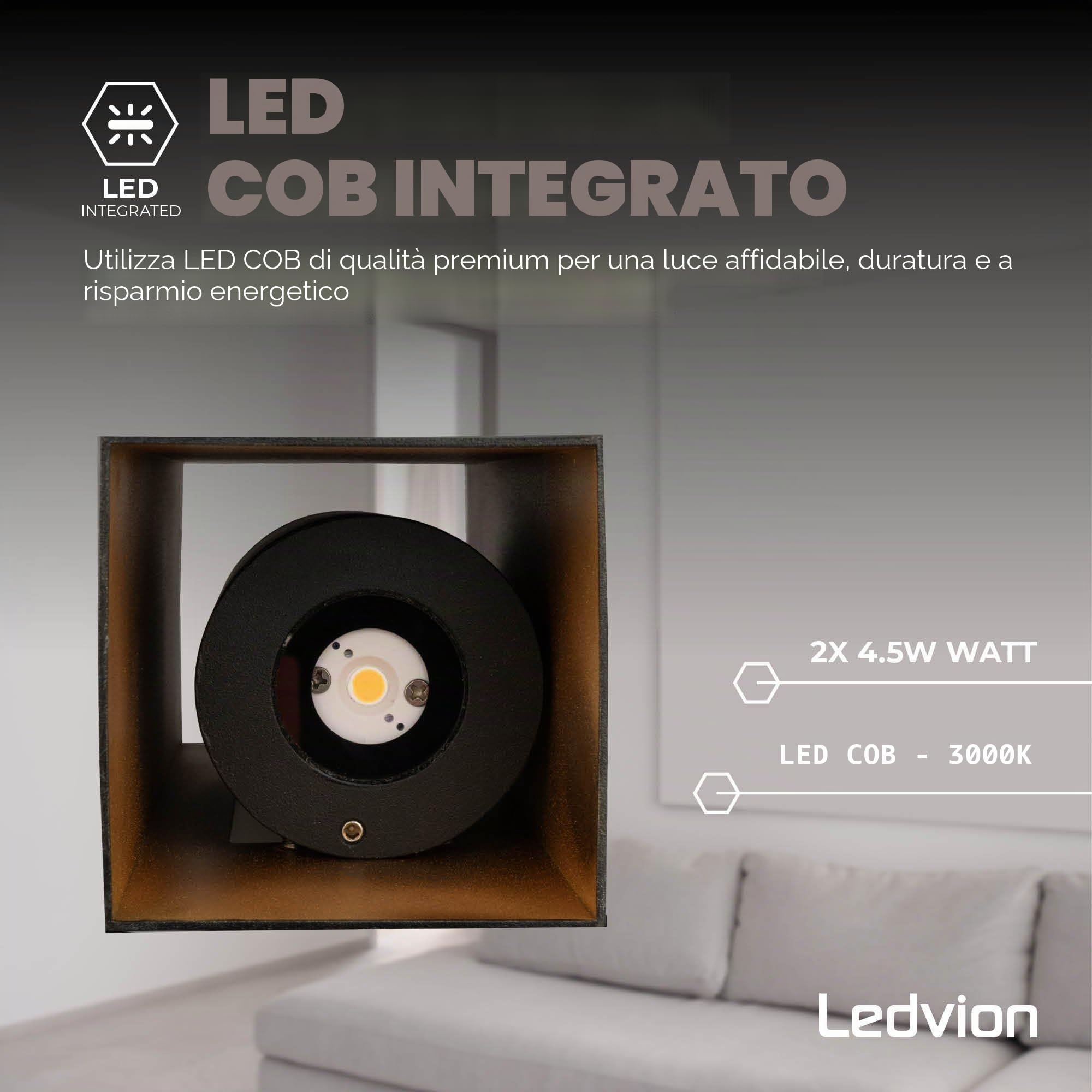 Ledvion - Lampada da Parete LED, 9W, 800 Lumen, 3000K, IP54, Nera e Quadrata, Luce Doppia Up&Down, Lampada da Esterno, Lampada Decorativa, Illuminazione da Giardino