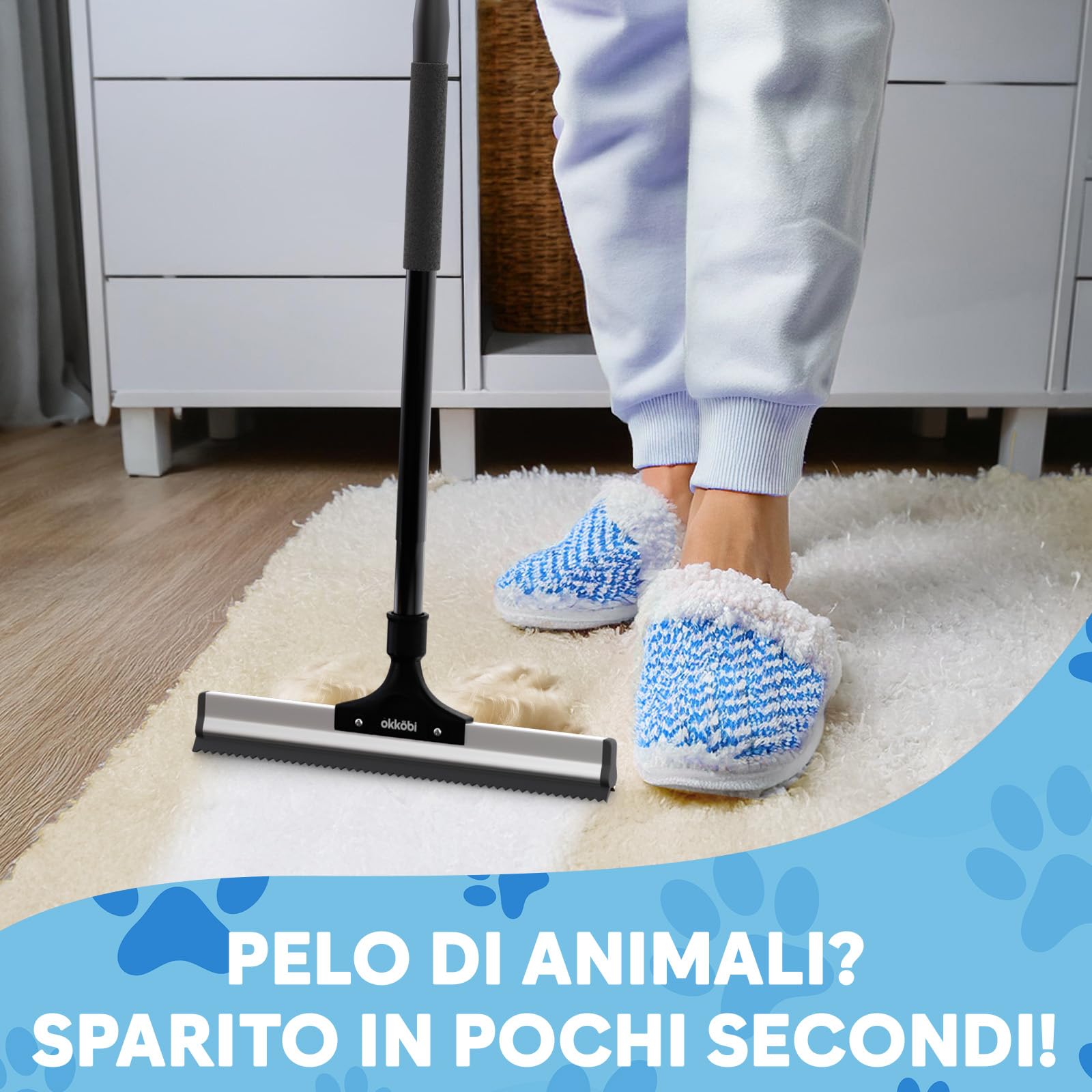Scopa per Peli Animali – Rimuovi Peli Cane e Gatto – Scopa in Silicone per Peli Animali – Raccogli Peli Animali per Tappeti, Moquette, Pavimenti e Mobili – Rimuovi Peli Animali Telescopica