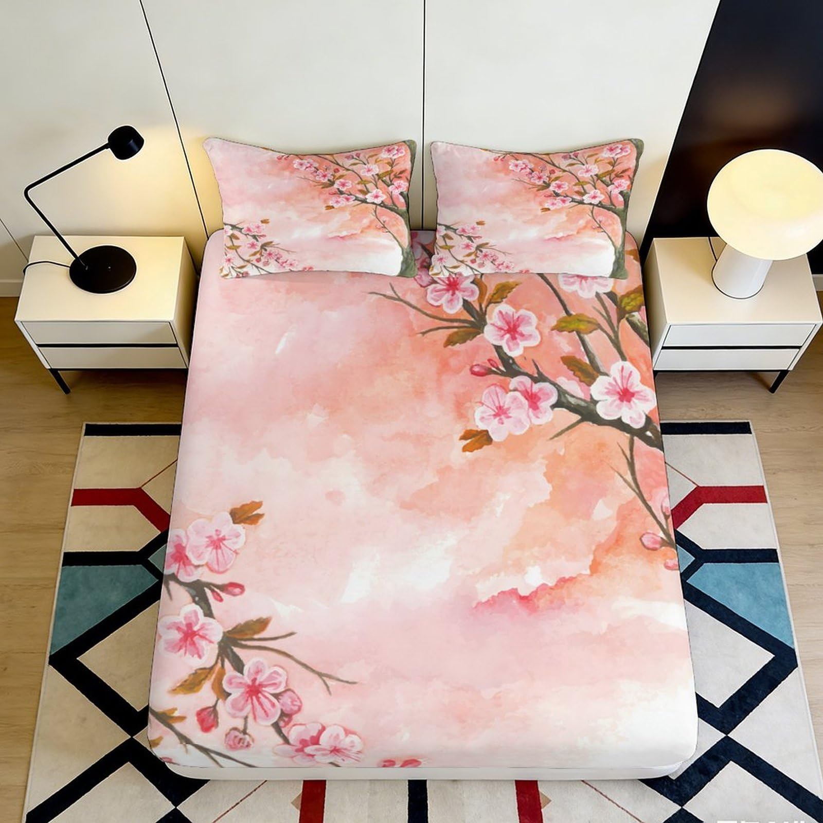 3D Printed Sakura Blossom Fitted Sheet Microfiber Soft Pink Bird Mattress Cover for Bedroom Guest Room Easy Care Decoration 90x200x25cm