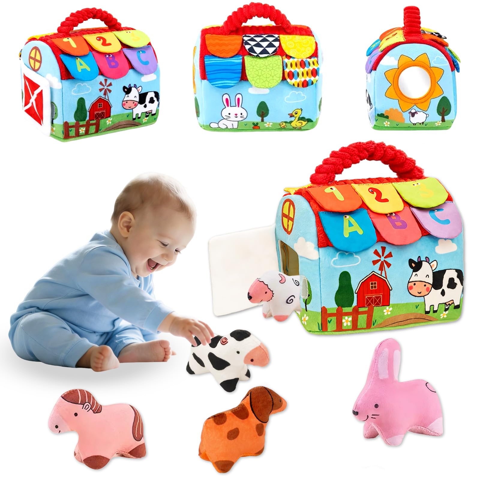 Gdbykds Baby Toys 6-12 Months, Montessori Toys for 1 Year Old, Surprise Barn with Plush Farm Animals, with Rattle, Crinkle Paper & Mirror, Early Sensory Learning Toys for 1 Year Old Baby Gifts