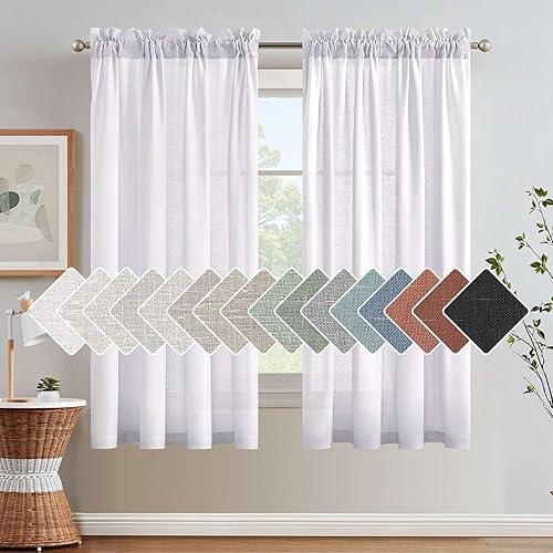 Cortinas de Ventana Color Hueso con Paneles de Lino Texturizado para Ventanas Pequeñas Cocina Sala de Estar Dormitorio, Bolsillo para Barra,