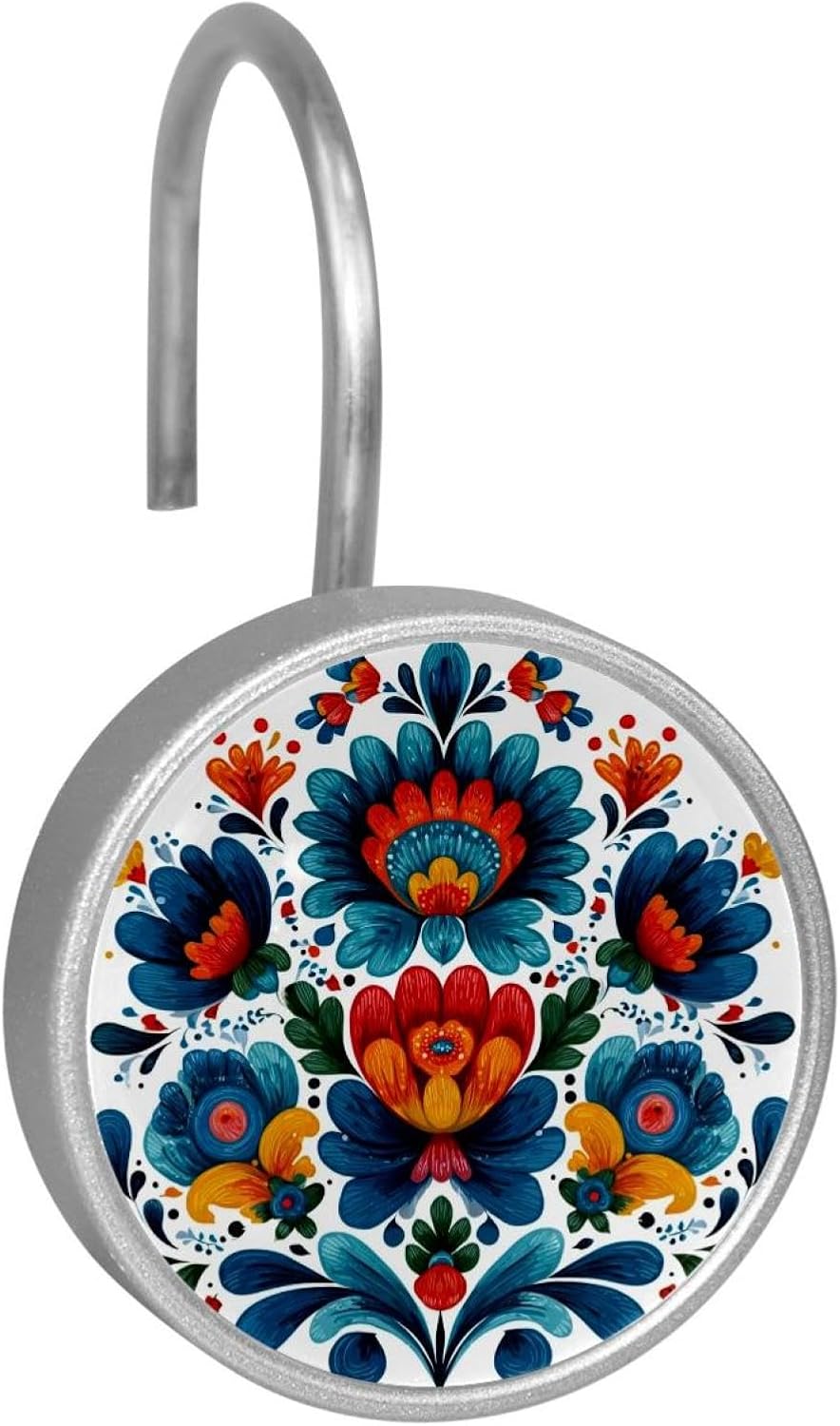 Norwegian Rosemaling Folk Style Flower (96) Rolling Shower Curtain Hooks,Clear Crystal Glass Art Decorative Stainless Bath Bathroom Set 12 Pcs