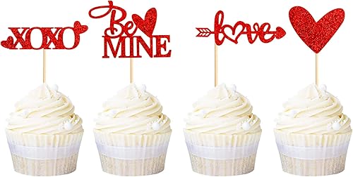 Miniatura 4 de Ercaido - Paquete de 48 adornos para cupcakes con purpurina roja para el día de San Valentín, temática de amor, boda, compromiso, cupcakes,