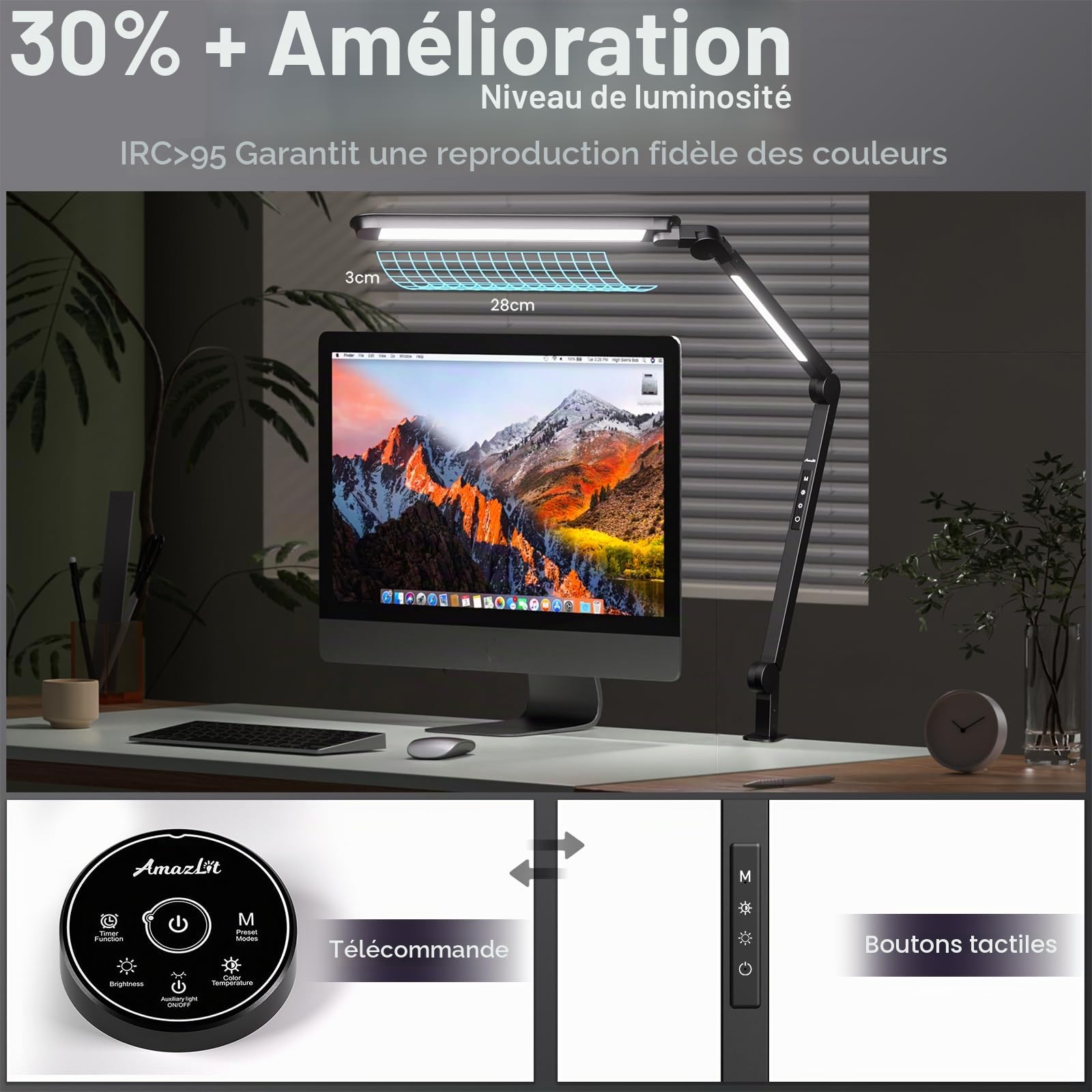AmazLit Lampe de bureau, lampe de bureau pour soins des yeux LED à intensité variable, lampe d'architecte à double source de lumière, température de couleur réglable, lampe de table 16W avec télécomma