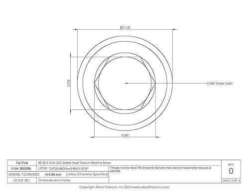 Miniatura 5 de 0032486 Tornillo de máquina de titanio con cabeza de zócalo #2-56 X 316 UNC (paquete de 25), grado 2 (CP)