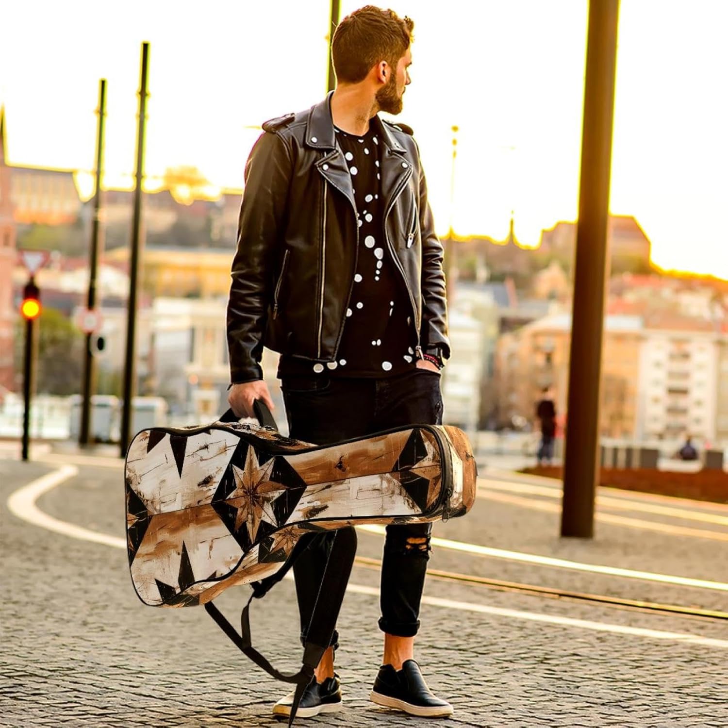 Acoustic Guitar Bag 0.4 Inch Thick Padding Waterproof Guitar Case Gig Bag for 40 41 42 Inch Electric Bass Classical Guitar, Rustic Farmhouse Floral Texture