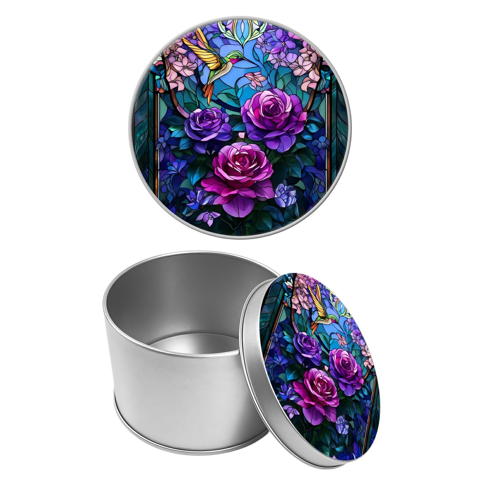 Round Metal Tin Container with Removable Lid, Glass Roses Durable Metal Storage Box for Cookies Spices Tea Candies Cakes Jewelry Cosmetics 3.54 x 2.36 inch– Single Pack