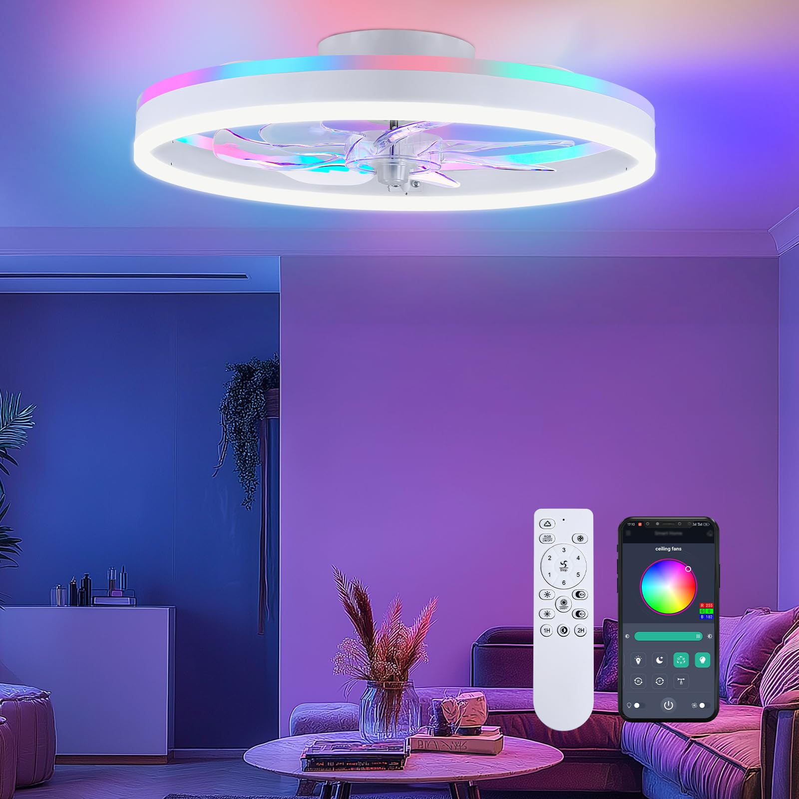 RGB Ceiling Fans with Lights, 20" Fandelier Low Profile Ceiling Fan with Light, Modern Flush Mount Ceiling Fan Light with Remote/APP Control, Bedroom Chandelier Fan Fixture for Indoor(White)