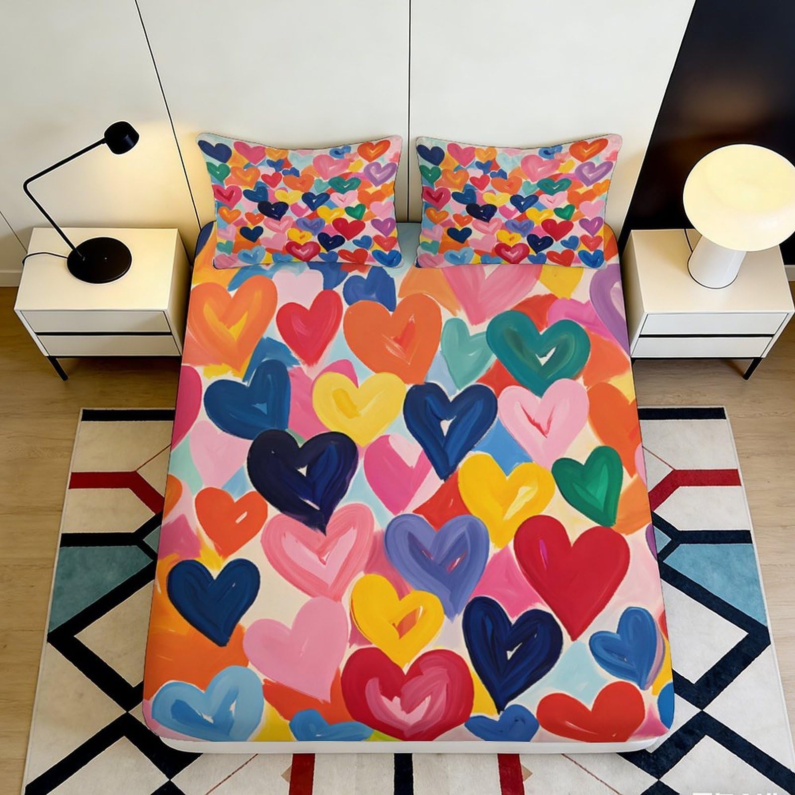 3D Printed Colourful Hearts Fitted Sheet Microfiber Deep Pocket Non-Slip Bedroom Bedding Heart Mattress Fitted Cover Washable 160x200x25cm