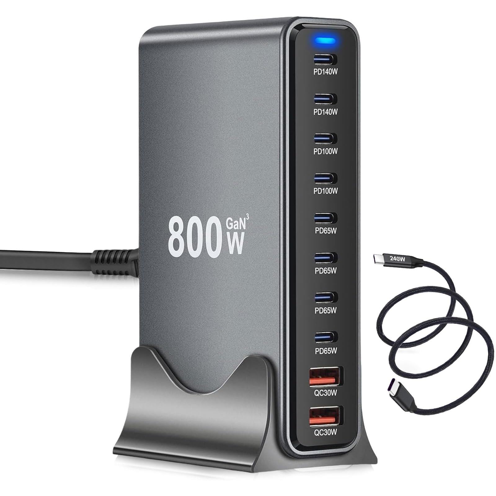 800W Caricatore USB Multiplo, 10 Porte (8 USB-C + 2 USB-A) con Ricarica Rapida, Con Cavo USB, Caricatore PD PPS 100W Alimentazione per MacBook, iPad Pro/Air etc
