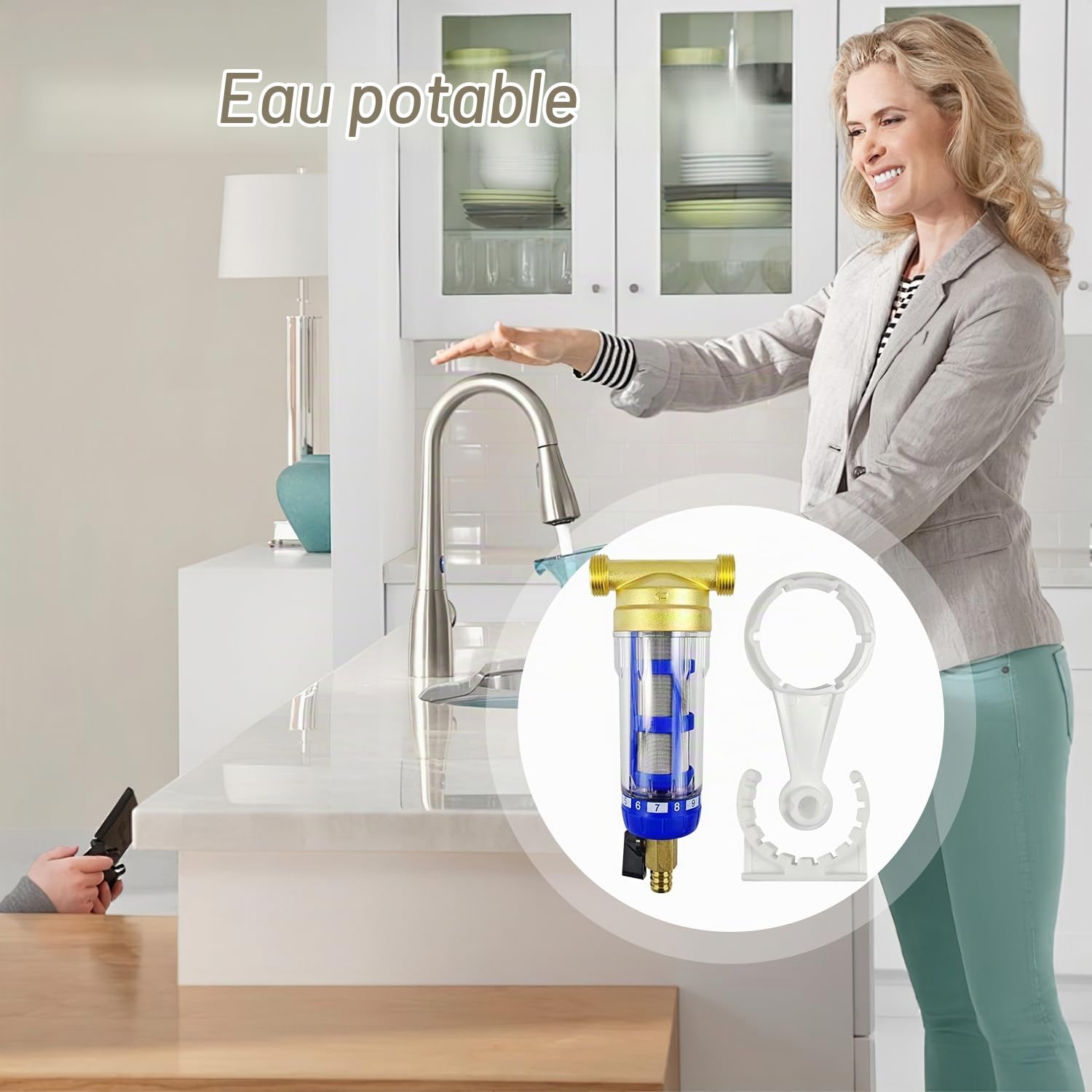 Filtre a Eau de Lavage à Contre-Courant, Acier Inoxydable Filtre Eau Réutilisable, Filtre à Eau du Robinet pour Tuyau D'eau de Puits, Filtre à Sédiments (Filetage MâLe 3/4") (Bleu)