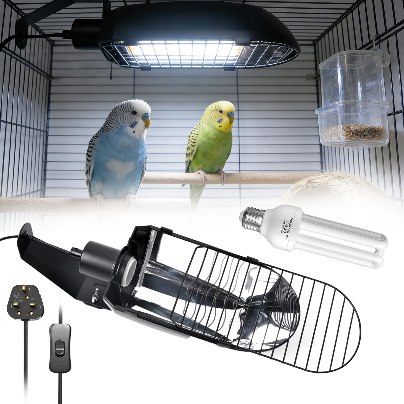 GlowUp UVB 2.4 Bird Cage Light Combo Kit, 20W UVB Bird Light Bulb, Deep U-Shaped Lamp Fixture with Compact Fluorescent Bulb E27 for Captive Birds, Reptiles