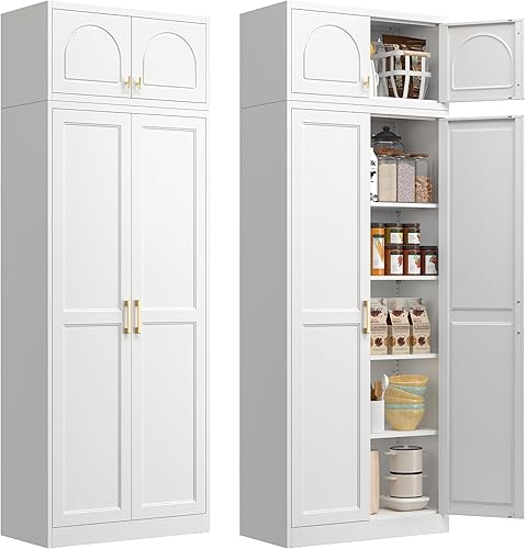 Vista 19 de Armario de despensa de cocina blanco, armario de almacenamiento de metal de 71 pulgadas de alto con puertas y estantes, armarios de despensa