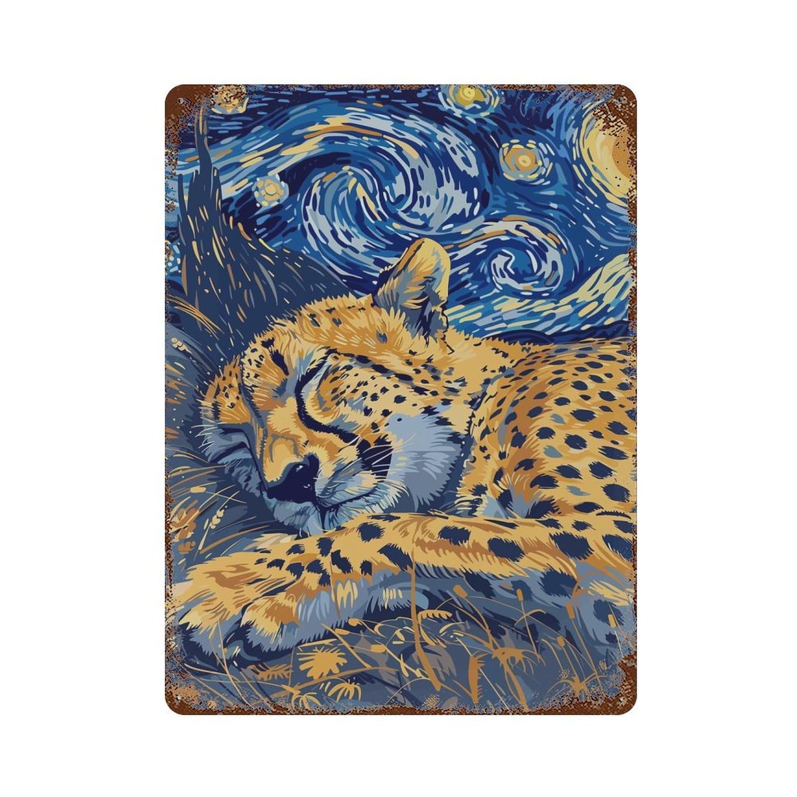 Sleeping Cheetah Starry Night Art Rusty Metal Tin Sign 15.7"x11.8", Shabby Chic Decor for Garage, Bar And Workshop Decor