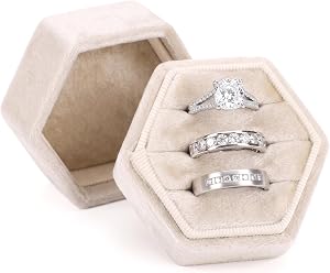 Beige 3 Slots Hexagon Velvet Ring Box, Vintage Jewelry Ring Display Holder Case for Wedding Ceremony Proposal Engagement