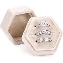 Beige 3 Slots Hexagon Velvet Ring Box, Vintage Jewelry Ring Display Holder Case for Wedding Ceremony Proposal Engagement