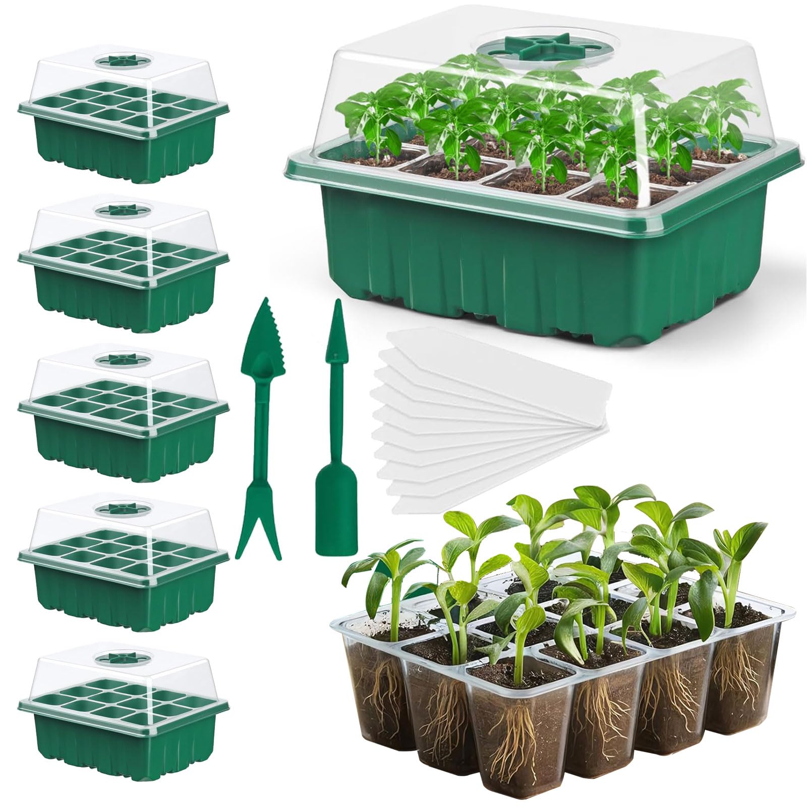 Seed Trays - 10 Pack 120 Cells Propagator Growing Thicken Seedling Starter Growing Trays with Clear Lids, Tools & Labels for Greenhouse & Gardens(10 Set) — view 9