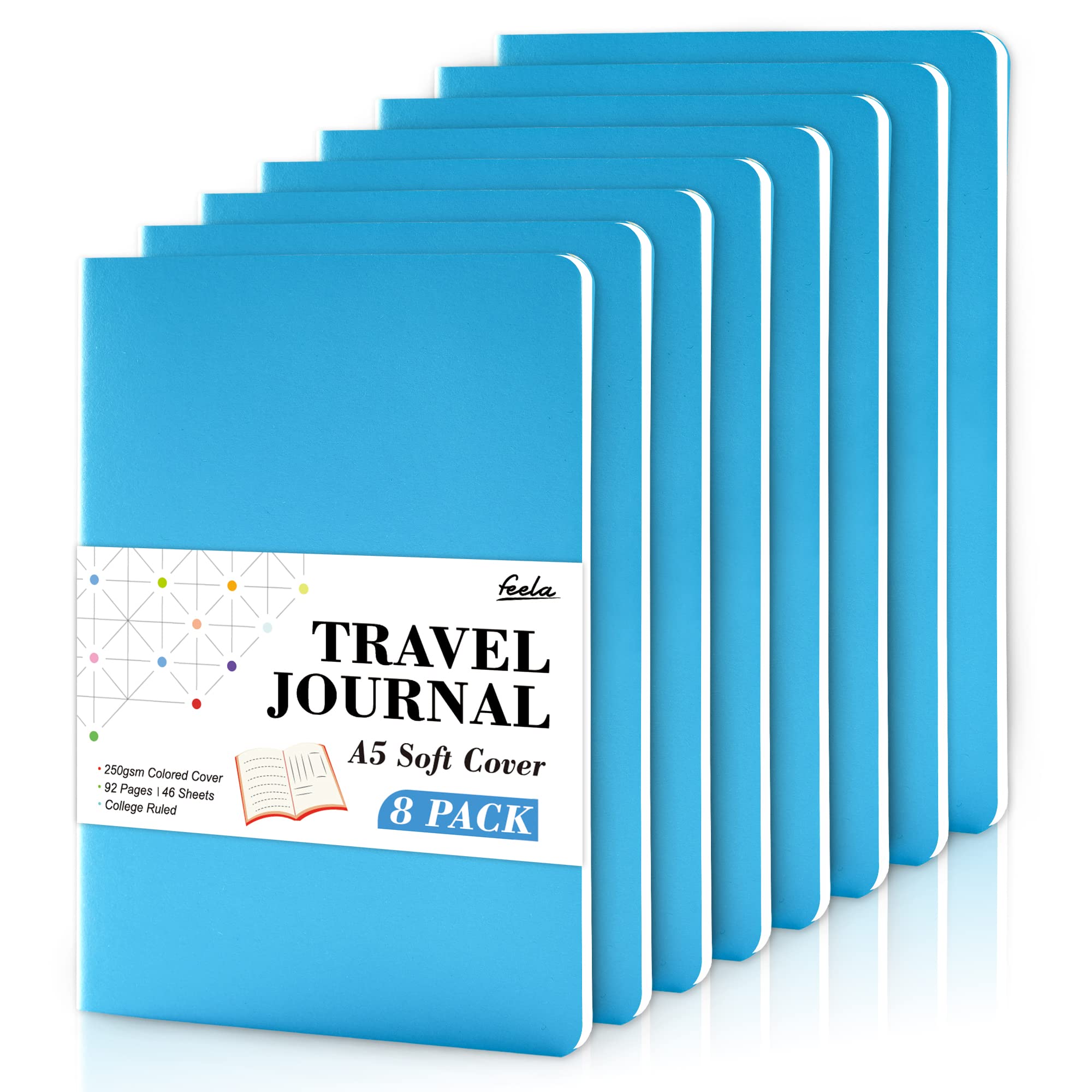 8 Pack Soft Cover Journal Bulk, Feela Notebooks College Ruled for Work, Lined Travel Journal for Women Men, Note Taking Notebook School Supplies Business Writing, 8.2” x 5.5”, A5, Blue