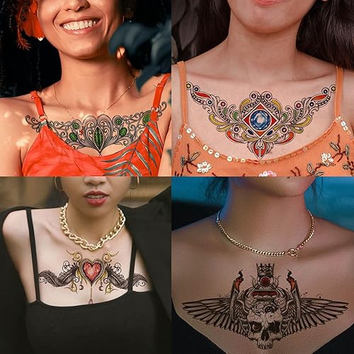 Miniatura 9 de Glaryyears Tatuaje temporal debajo del pecho para mujer, paquete de 10 tatuajes realistas florales grandes, calcomanías creativas de larga duración,