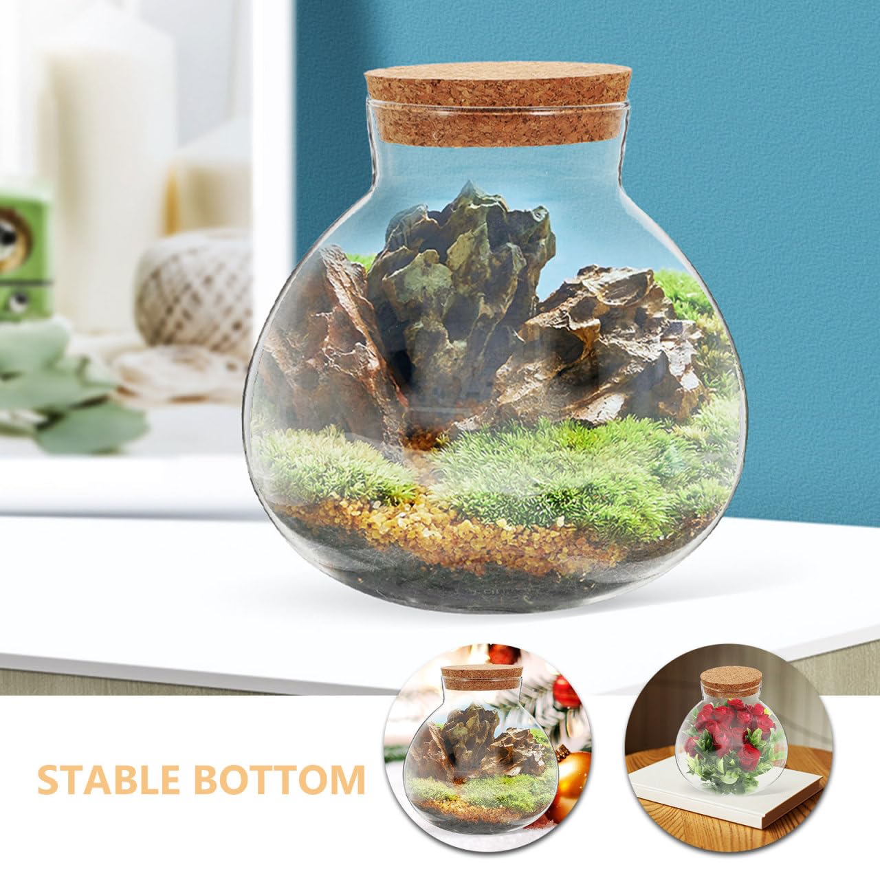 VICASKY Luftdichte Runde Glas Terrariumflasche mit Korken 13cm Mikrolandschaftsgefäß für Moos Sukkulenten und Hydroponik Dekoratives Pflanzglas für Schreibtisch und Fensterbank
