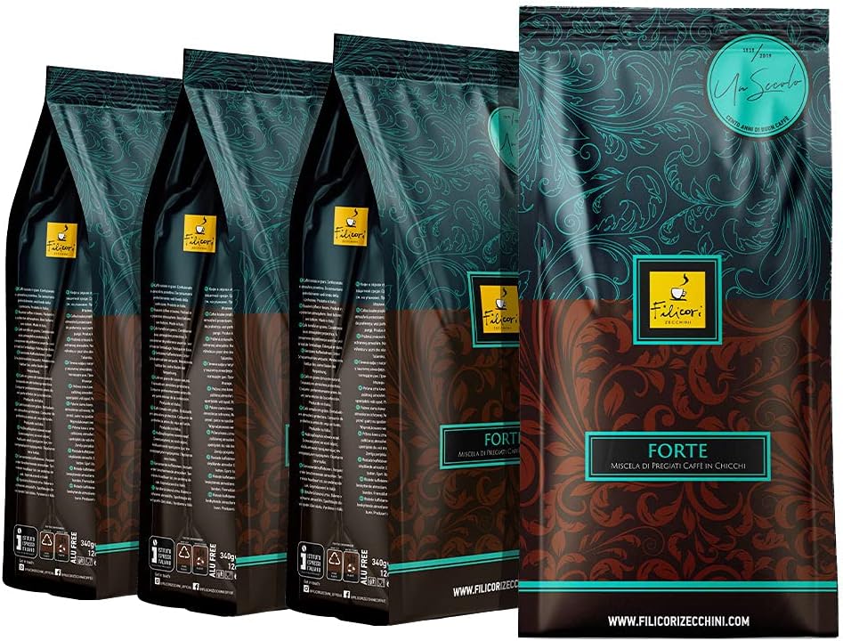 Whole Coffee Bean Italian Espresso Medium Dark Roast - FORTE by Filicori Zecchini. Arabica and Robusta Blend. Roasted then blended. Made in Italy since 1919-4x12oz Bag