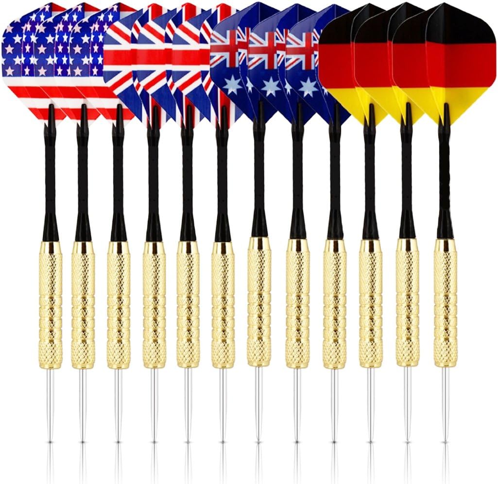 Set of 12 Tip Darts Premium Quality Darts for Dartboard Game with 4 Styles of National Flag Flights โ Stainless Steel Needle Tip โ Bonus 3 PVC Replacement Rods & Storage Case Included