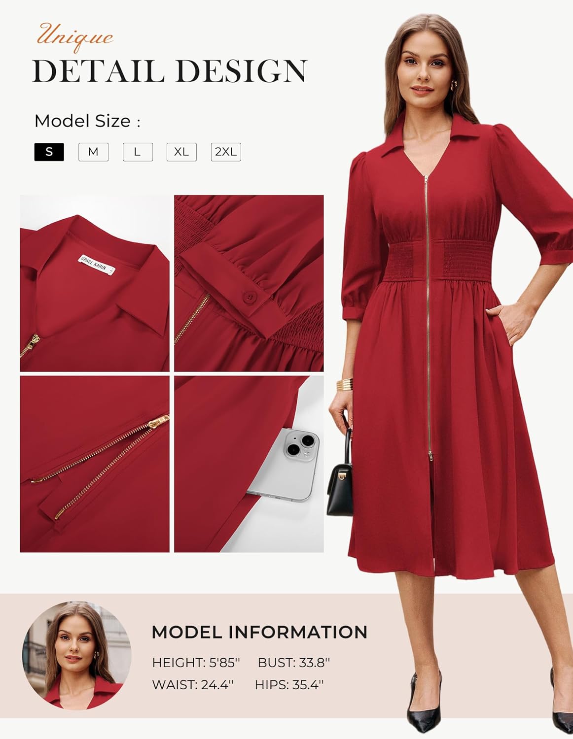 GRACE KARIN Womens Summer Midi Dress 2026 A Line Business Office Work Dresses Fit and Flare 3/4 Sleeve Dress with Pockets - Image 5