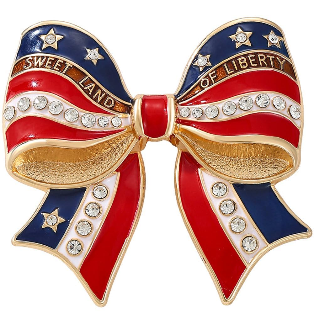 Casiler Rhinestone Bow Usa Flag Brooch, Patriotic Metal Lapel Pin Corsage for National Holiday Clothing Decor