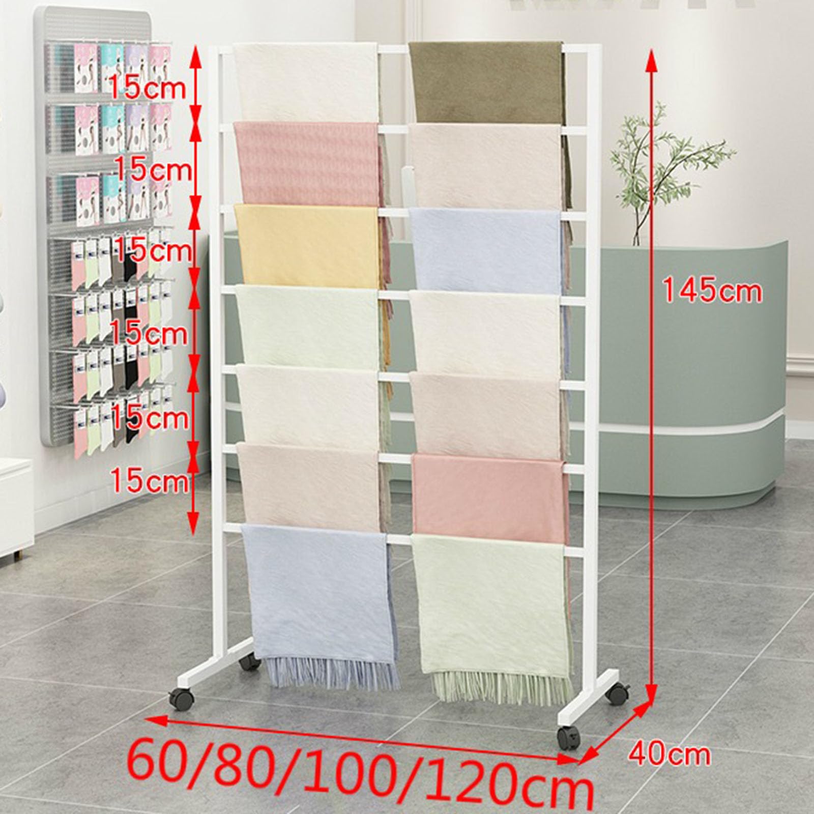 Expositor de bufandas de metal de 7 niveles con ruedas, expositor de bufandas independiente y móvil, percha para colgar pantalones, perchero para ropa, corbatas, cinturones, chales, hiyabs, toallero