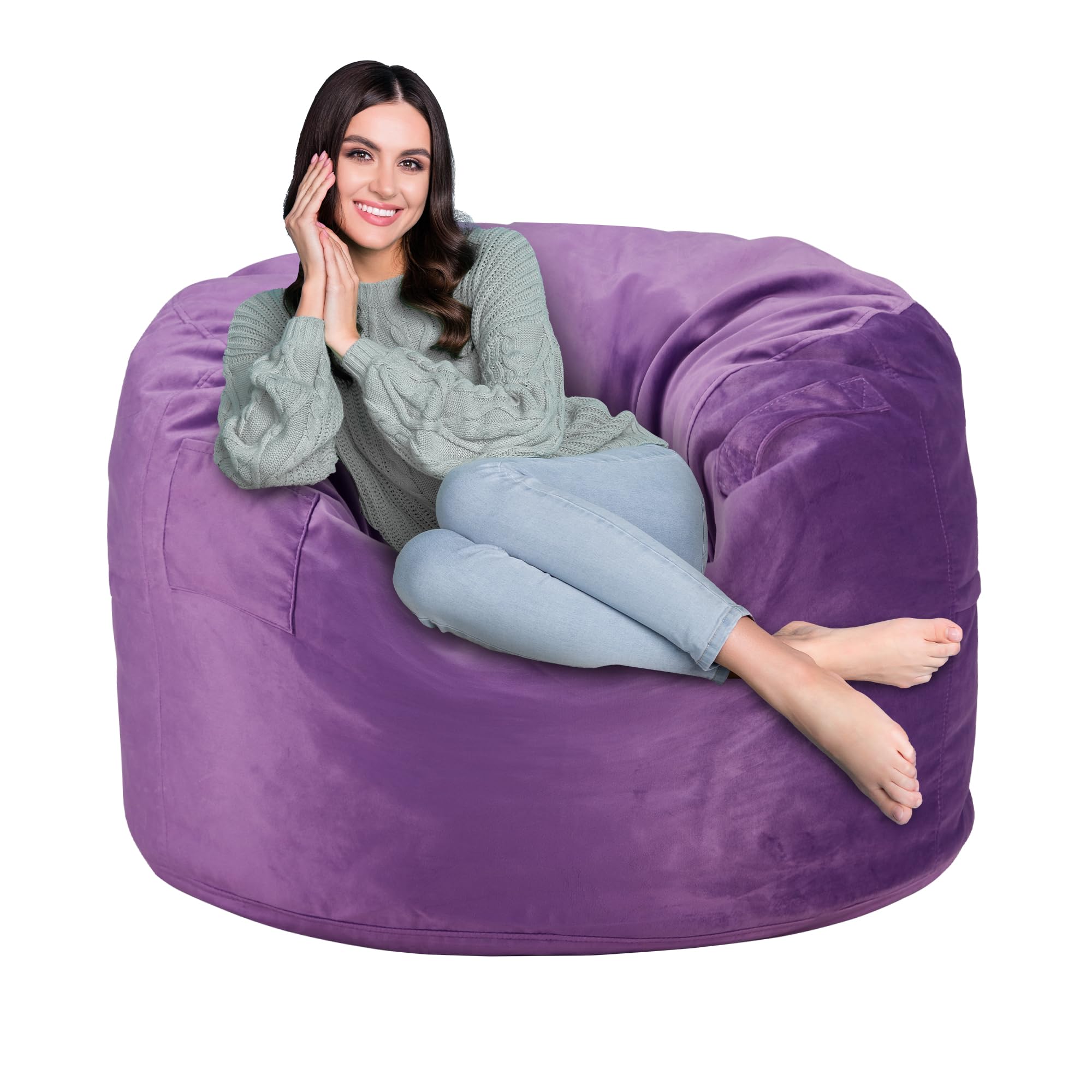 Fragess 3Ft Bean Bag Chairs, Giant Bean Bag Chair with Memory Foam Filling, Removable and Machine Washable Velvet Cover, Bean Bag Chairs for Adult - Purple (36