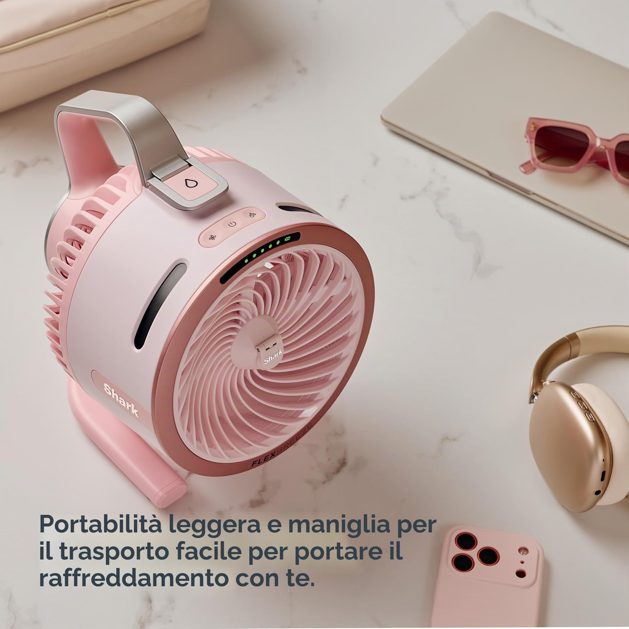Ventola Shark FlexBreeze HydroGo Pro, potente ventilatore portatile, per interni ed esterni, nebulizzazione evaporativa a secco con filo e cordless, 5 velocità, autonomia prolungata della batteria
