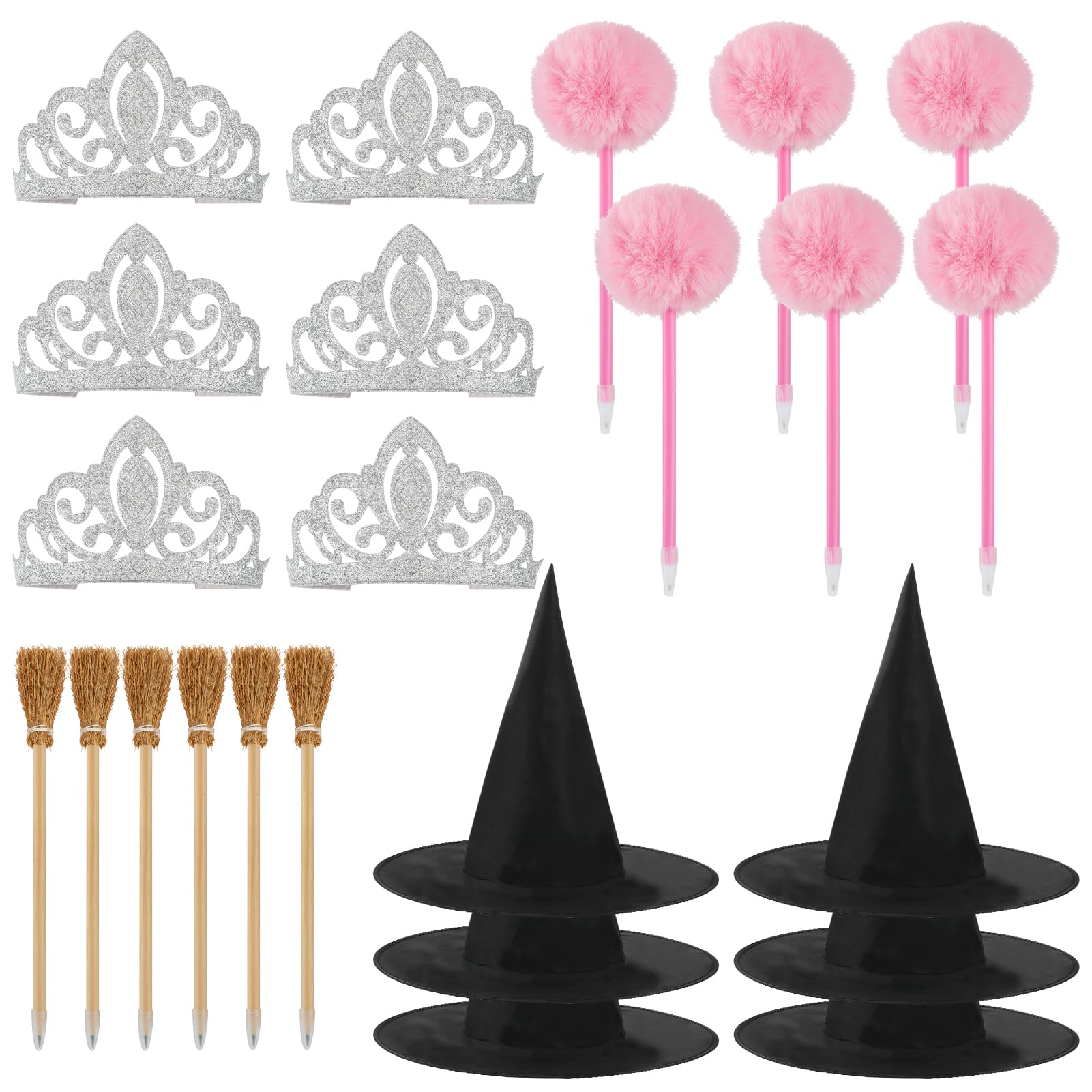 24 Pack Witch and Princess Party Favors Including 6 Pcs Witch Broom Pencils, 6 Pcs Pink Fluffy Pens, 6 x Princess Crowns and 6x Witch Hats for Halloween Party Decoration Supplies