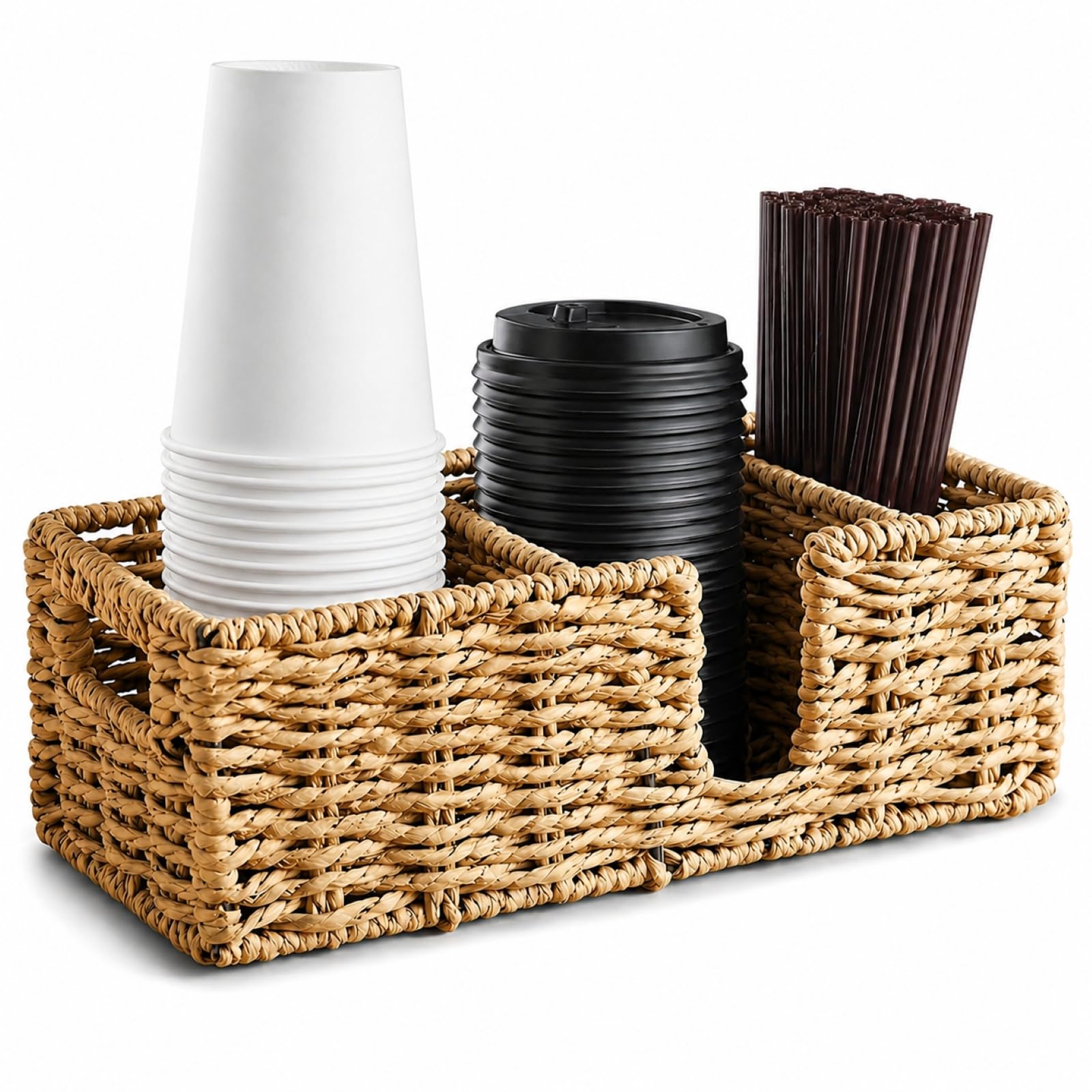 Portabicchieri da caffè e paglia, cestino da appoggio in tessuto a 3 scomparti con manici laterali, tazza e coperchio per bicchieri di carta, agitatori, accessori per bar, casa e ufficio