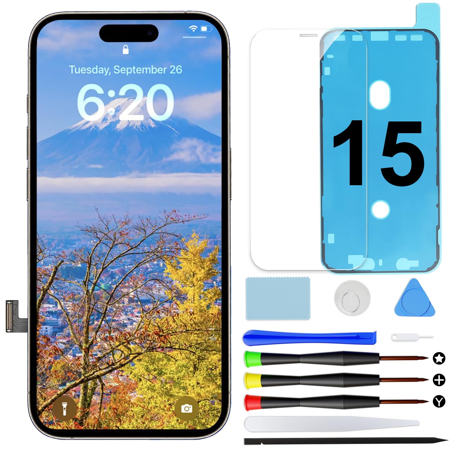Écran pour iPhone 15 de Remplacement, 6,1 Pouces LCD Full HD Écran Tactile Digitizer avec Kit de Réparation et Protecteur d’Écran