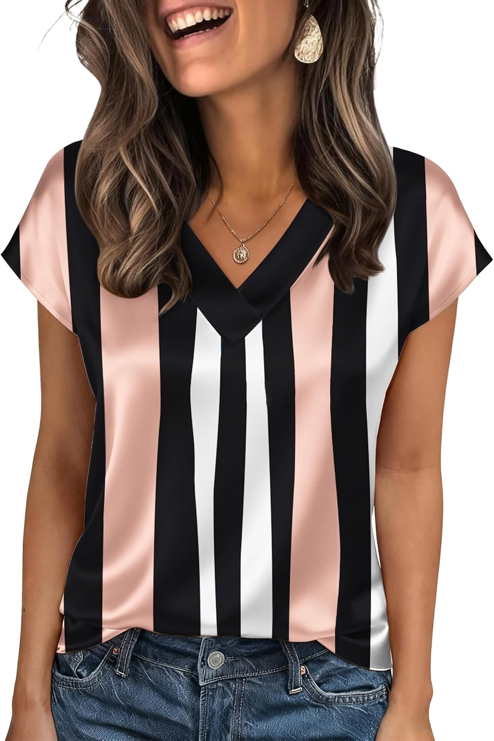 Zeagoo Women Silk Satin Tops Cap Short Sleeve Blouse V Neck Shirts Business Casual Outfits S-2XL