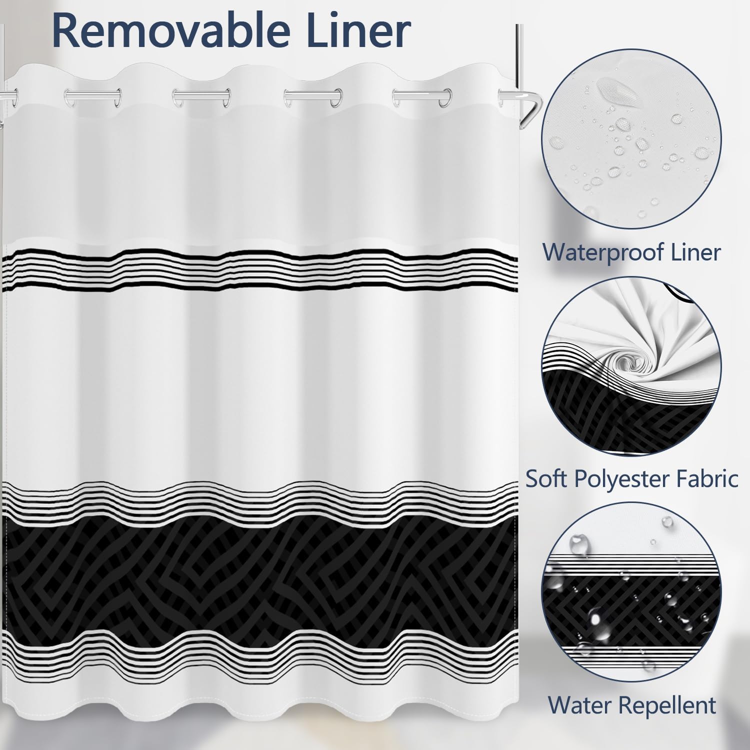No Hook Shower Curtain with Snap in Fabric Liner Set, Waterproof & Washable, Modern Boho Black and White Striped Shower Curtains for Bathroom, Hotel Farmhouse Bathroom Curtain, House Gift, 71x74 Inch