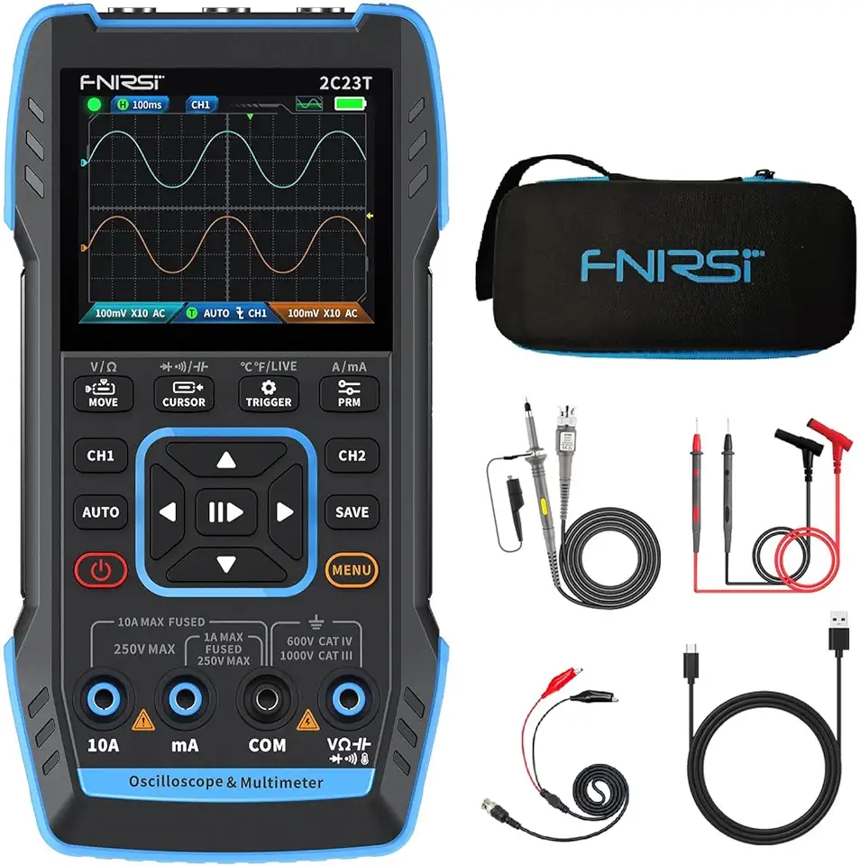 【2c23t atualizado com estojo de transporte】 Osciloscópio/multímetro/gerador de sinal dds 3 em 1 com 2 canais, osciloscópio automotivo com largura de banda de 10 MHz, taxa de amo