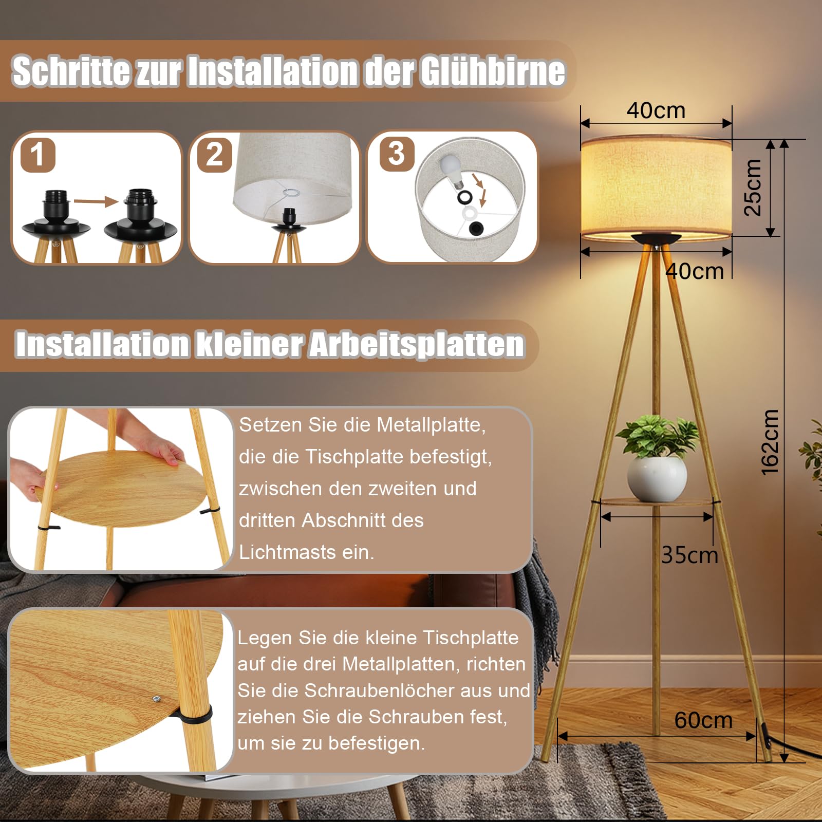 TLGREEN Dreibein Stehlampe Wohnzimmer, Stehlampe Dimmbar, 3 Farbtemperatur
