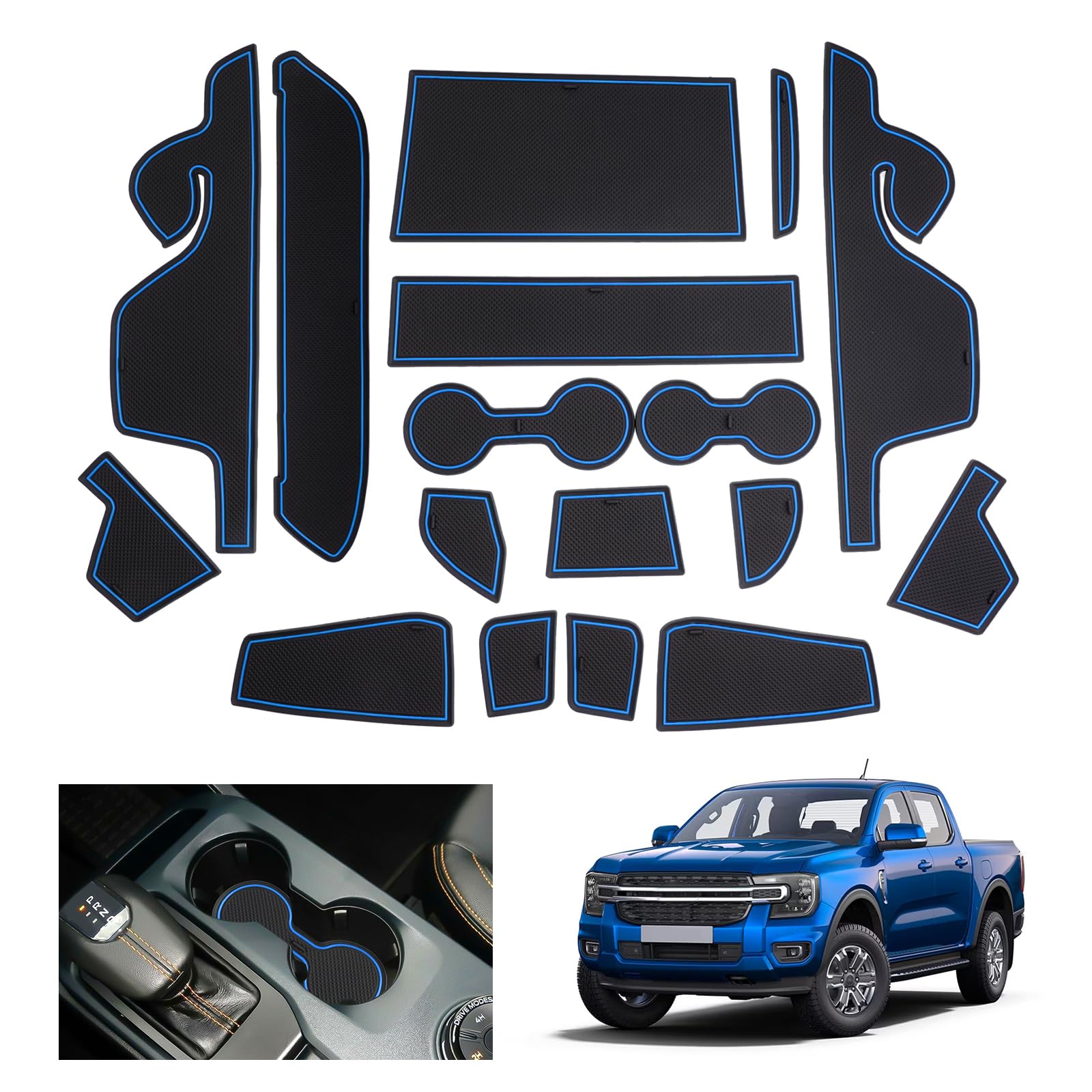 Tapis Anti-dérapant Caoutchouc Pour Ford Ranger T9 (2023-2025) - Protection Console Centrale Et Porte-gobelets - Noir