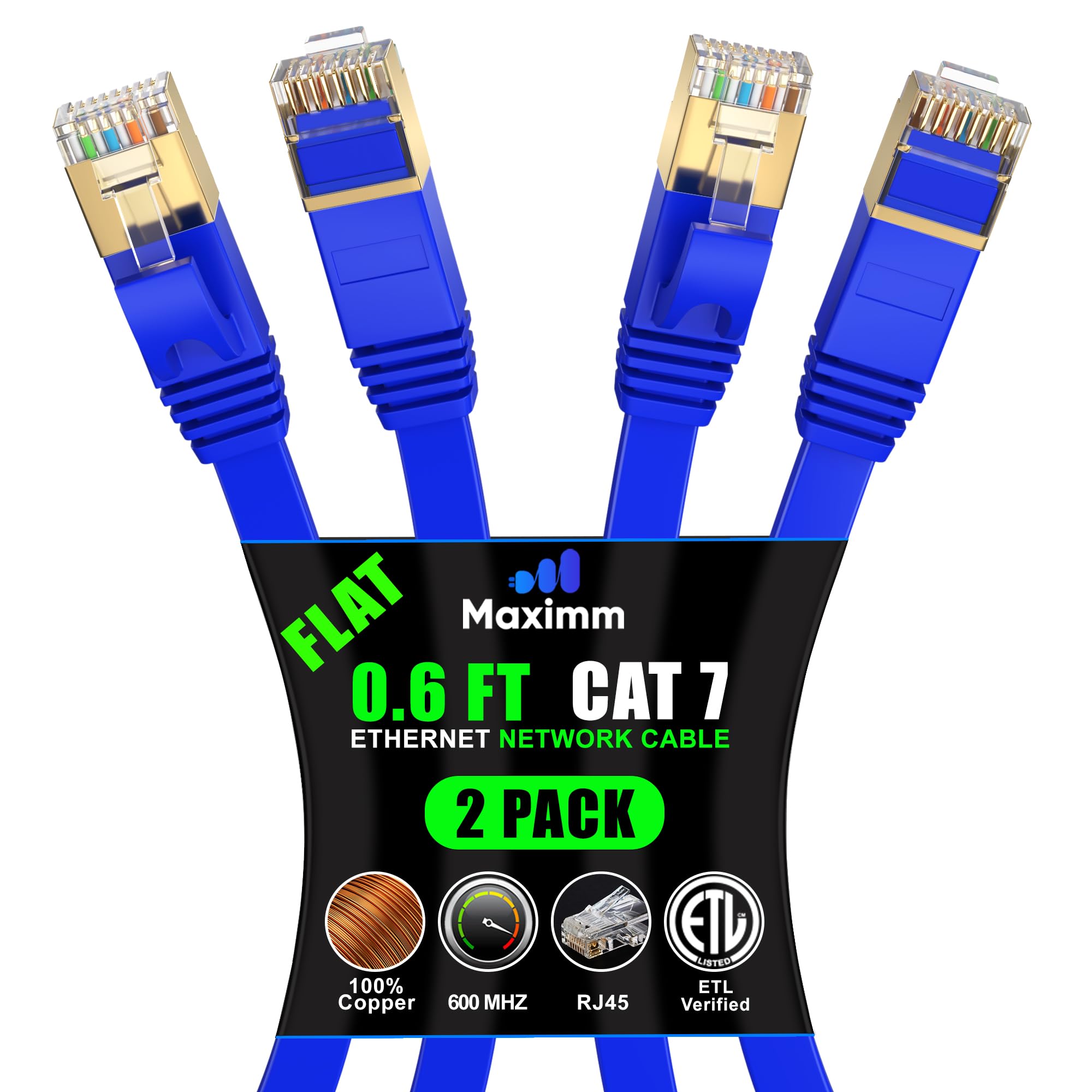 MaximmCat7 Flat Ethernet Cable - RJ45 Gold-Plated Connectors. 600 MHz, for Computers Network Components 0.6 Foot Blue CAT70.6FT2PKBLUE