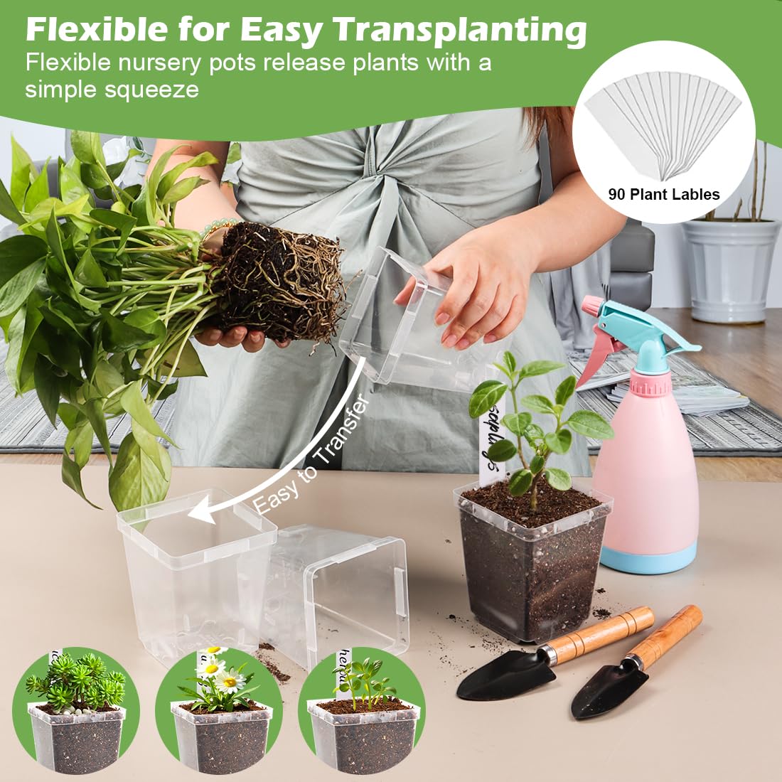 RooTrimmer Lot de 90 Pots de semis carrés Transparents de 8,3 cm avec Drainage, avec étiquettes de Plantes, Pots de semis réutilisables pour Plantes Grasses, Transplantation d'herbes, Fleurs, tomates